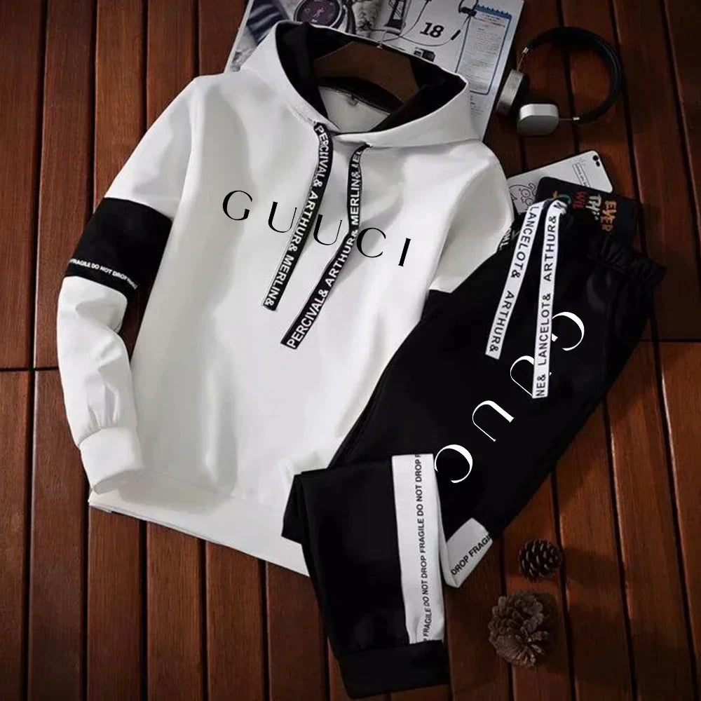 Sweat à capuche et pantalon de survêtement pour hommes, pull imprimé tendance décontracté, vêtements de jogging classiques, noir