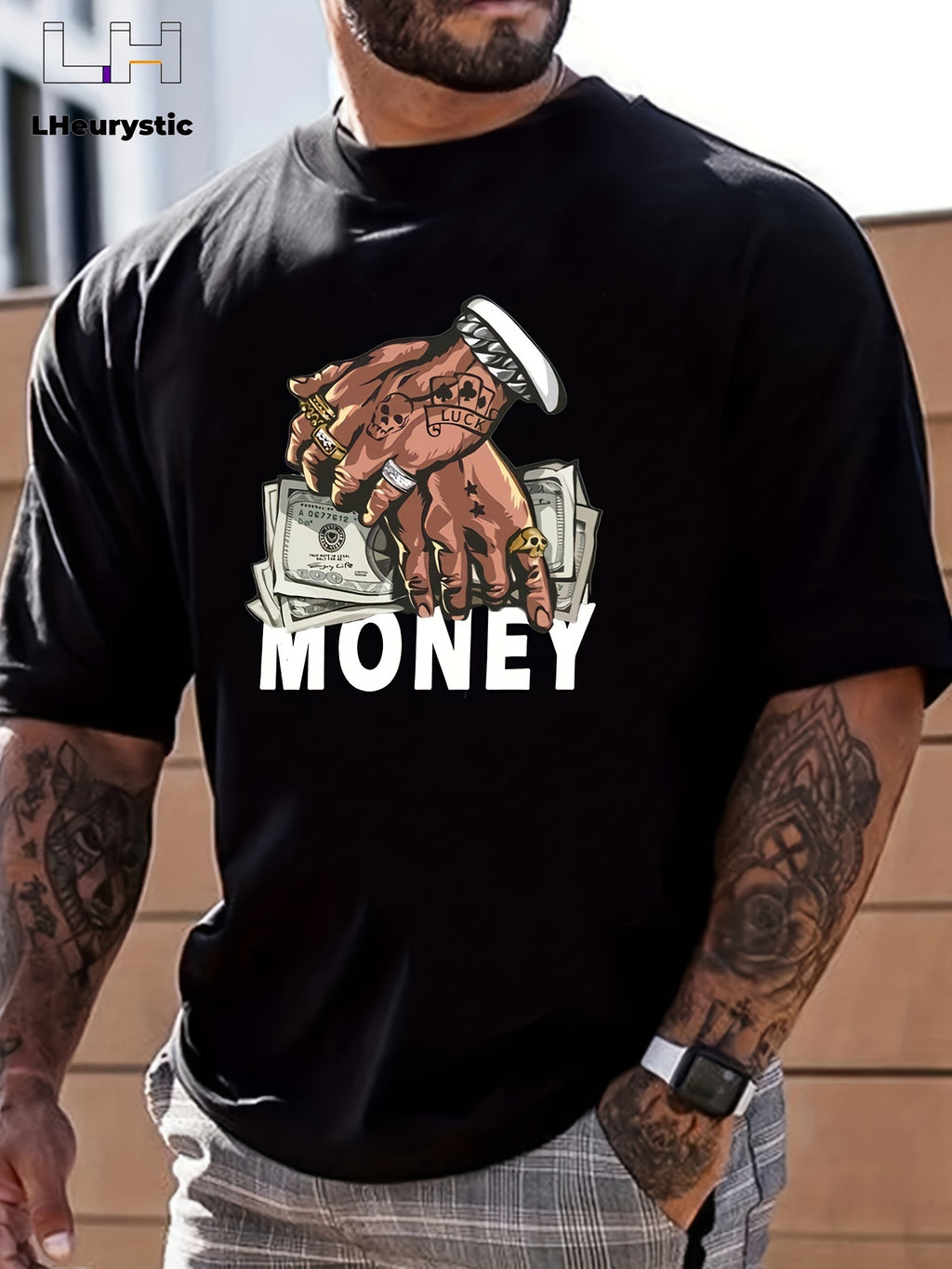 T-shirt col rond pour homme, imprimé dessin animé, motif argent et mains, style niche, décontracté et confortable, idéal pour l'été, idéal pour les vacances au quotidien.