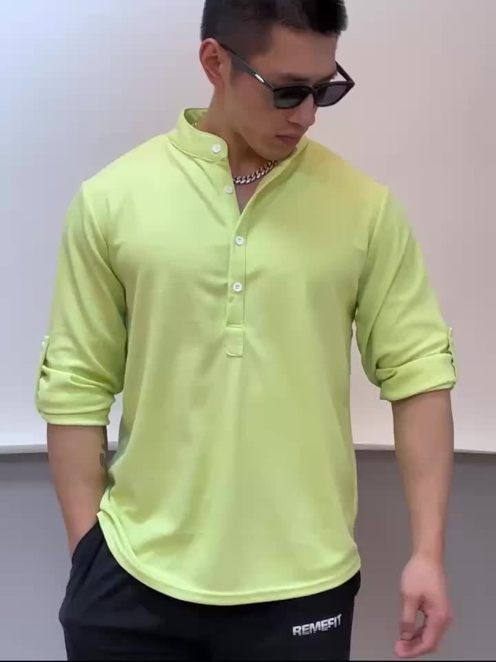 Chemise à revers unie, chemise décontractée à manches longues et col en V pour homme, pour le printemps et l'automne, vêtements pour hommes