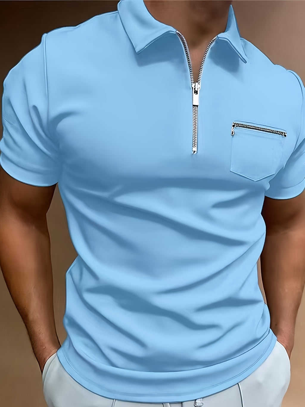 Polo de golf respirant, coupe standard, avec poche zippée sur la poitrine, col en V, manches courtes, pour l'été, vêtements pour hommes