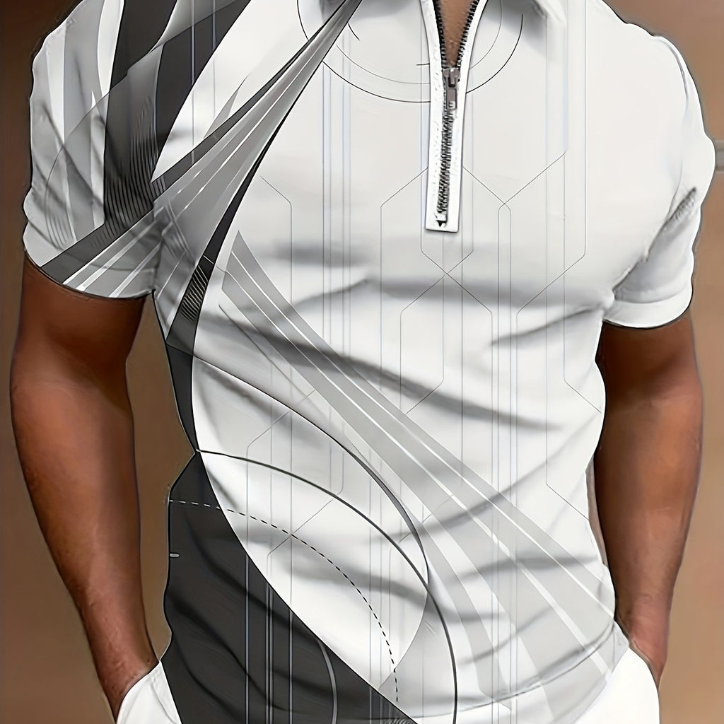 Chemise à manches courtes pour homme, motif géométrique, fermeture éclair, décontractée, confortable et polyvalente, chemise de golf, chemise de tennis, vêtements pour homme