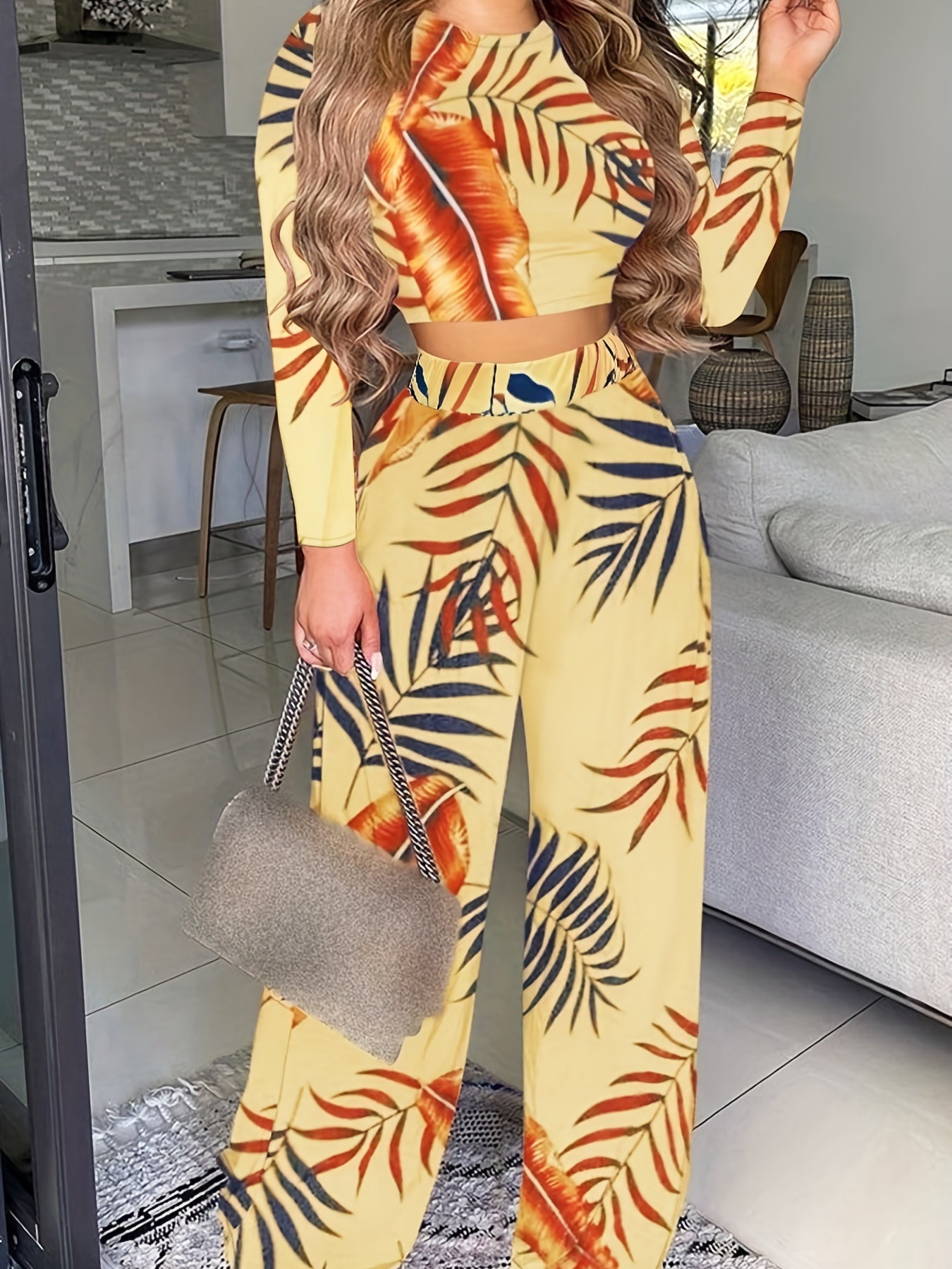 Ensemble deux pièces décontracté printemps-automne, haut uni à manches longues et pantalon large à imprimé floral, vêtements pour femmes