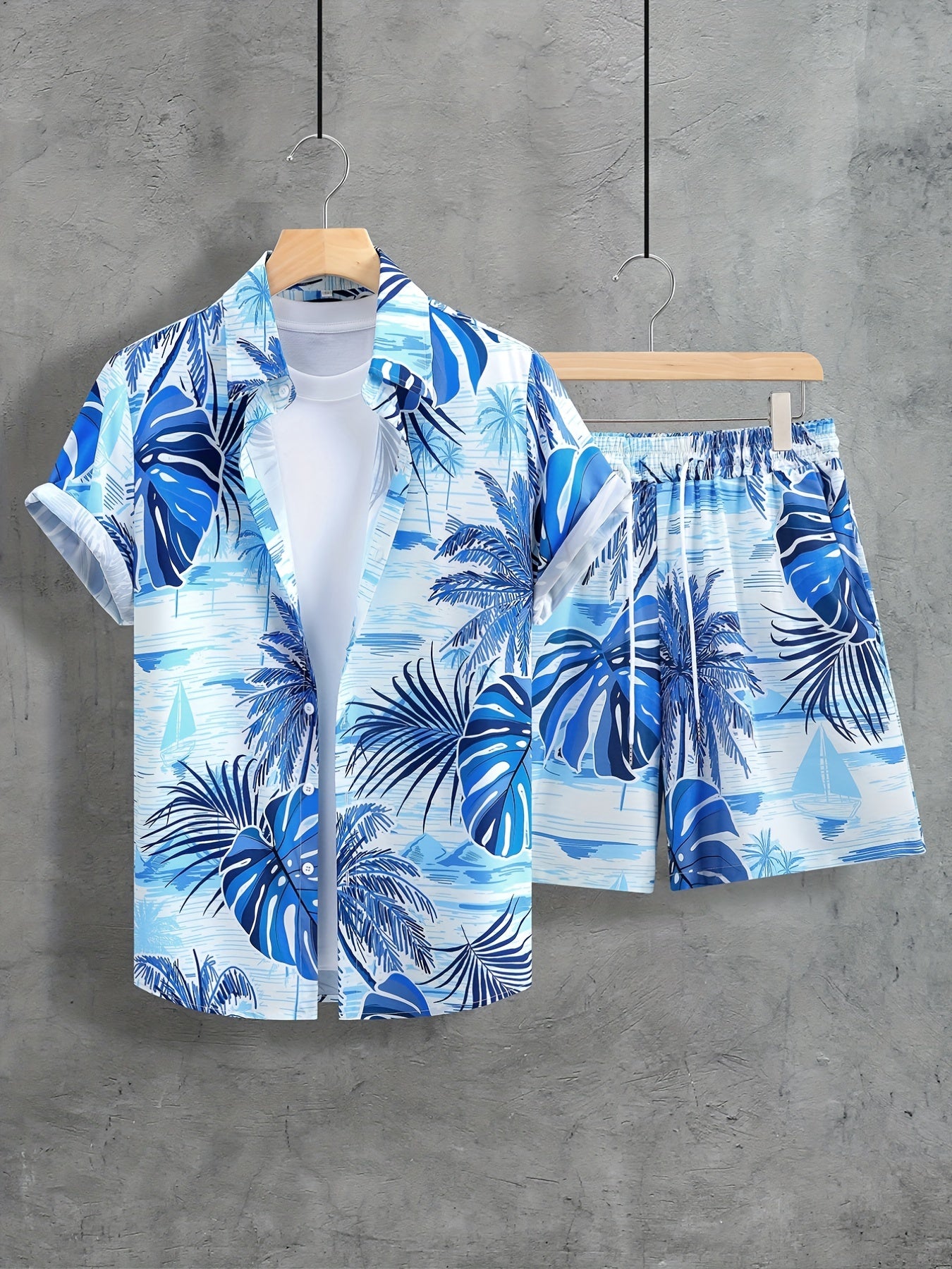 Ensemble chemise et short à manches courtes pour homme, imprimé tropical, en polyester léger, tenue de plage décontractée avec motif palmiers et ciel bleu, style hawaïen | Chemise à imprimé tropical | Short en polyester