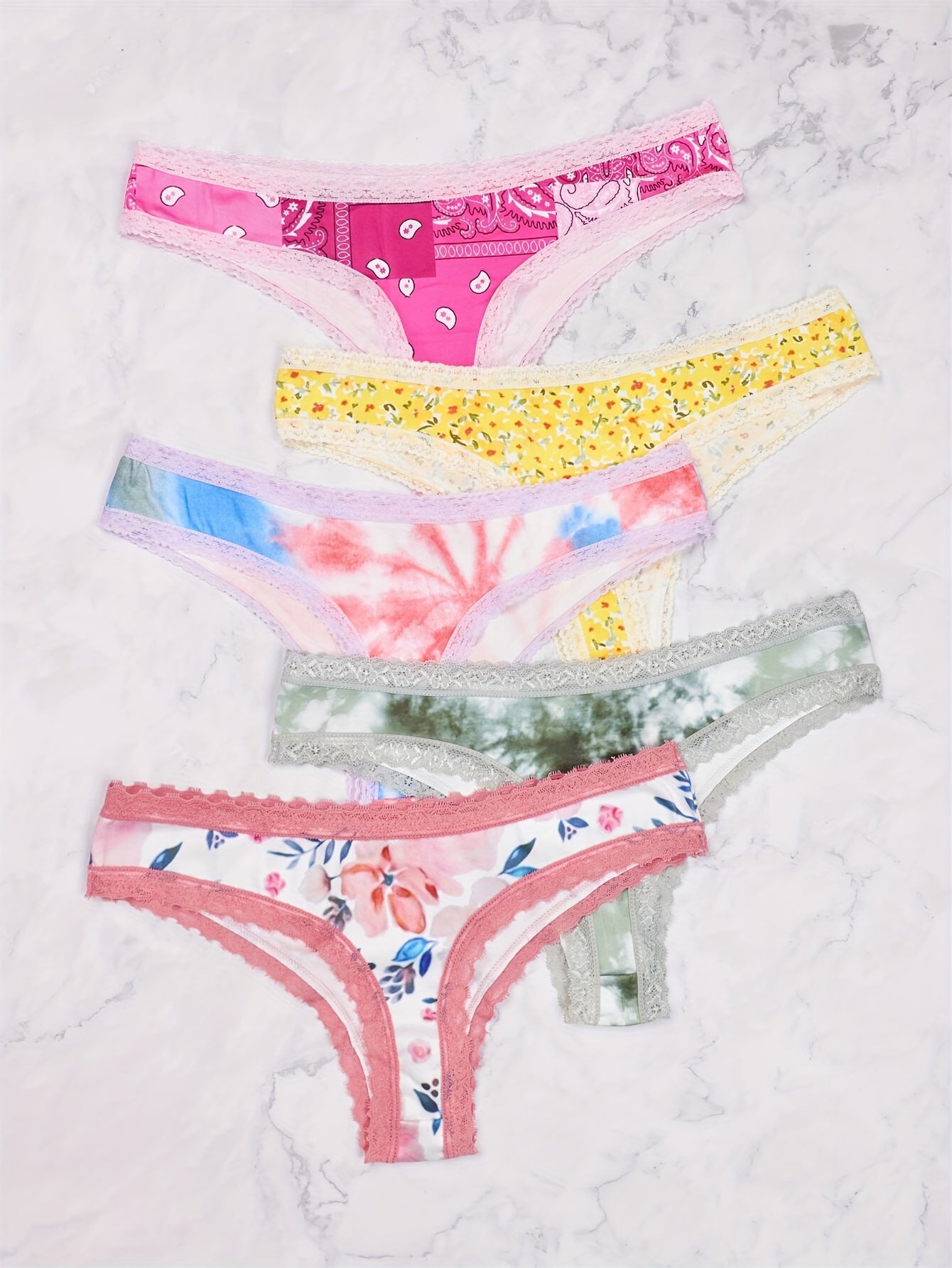 String Morvia 5 pièces en dentelle avec cœur - Ensemble de lingerie chic en maille pour femme, non transparent