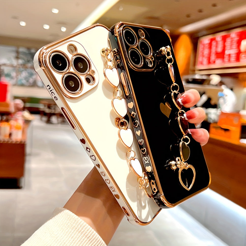 Étui de protection complet en TPU pour iPhone 15/14/13/12/11 Pro Max avec bracelet en forme de cœur et dragonne - Élégant et durable