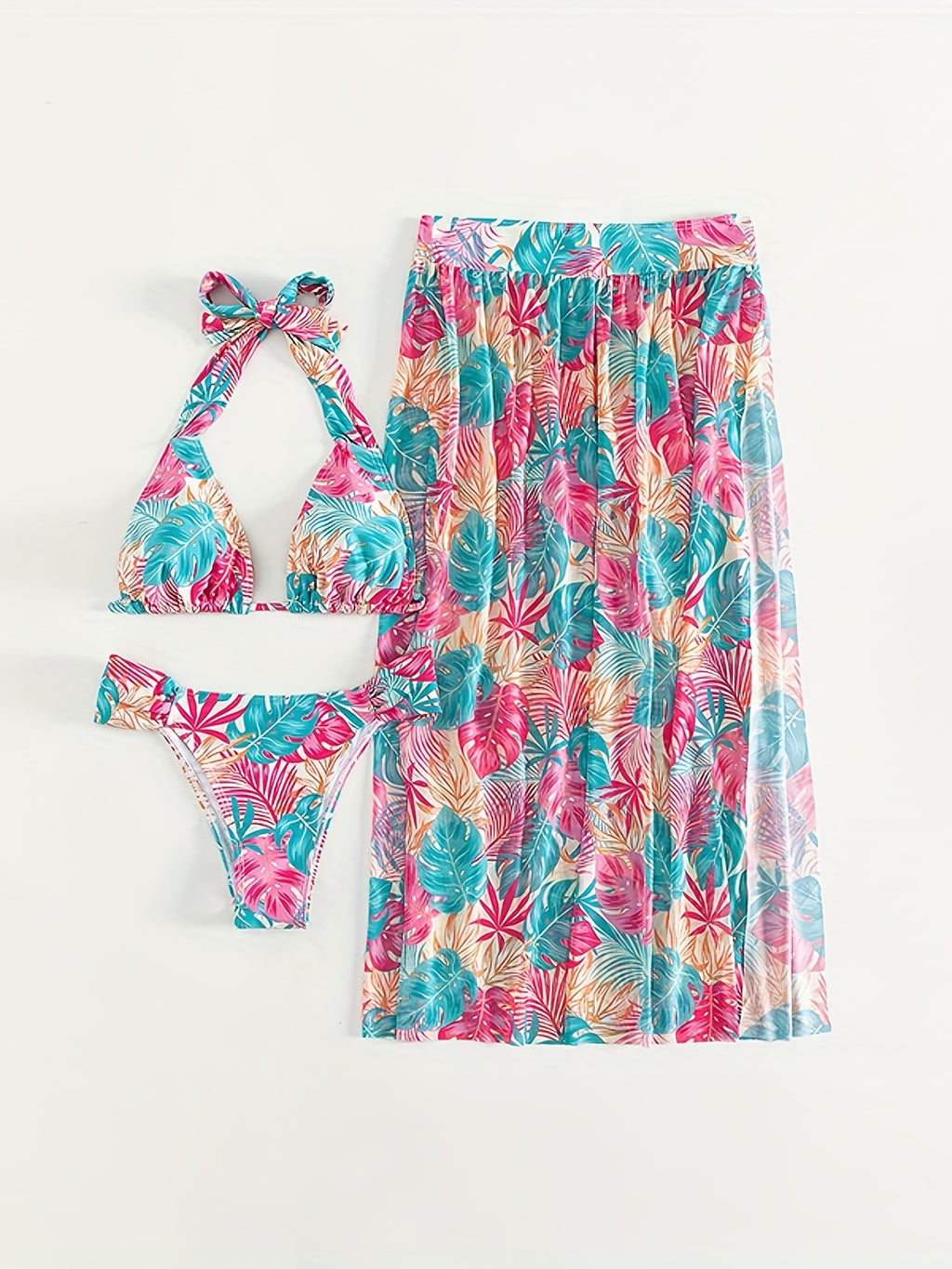 Ensemble bikini 3 pièces imprimé feuilles, très extensible, jupe cache-maillot, maillot de bain triangle dos nu élégant, vêtements et maillots de bain pour femme