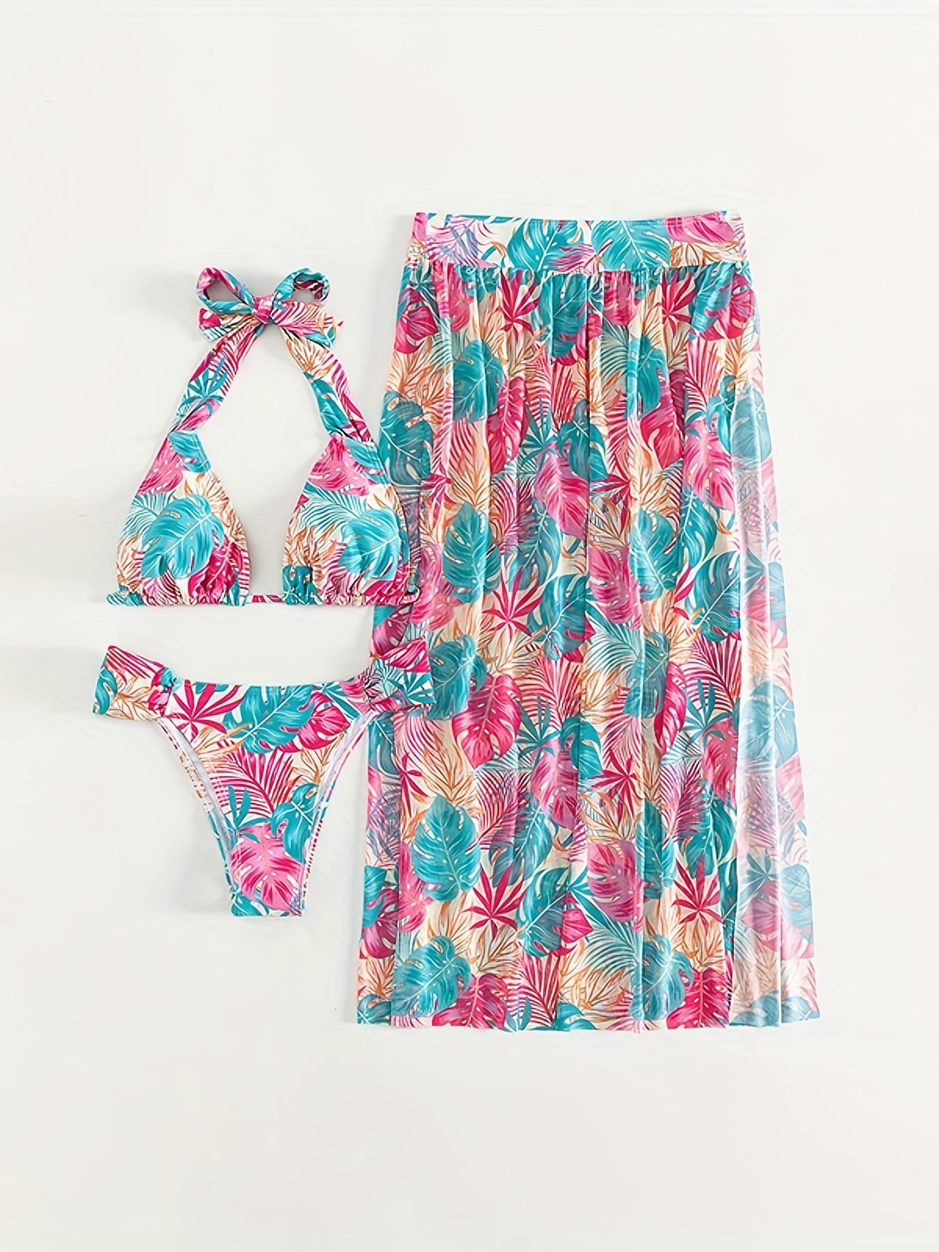 Ensemble bikini 3 pièces imprimé feuilles, très extensible, jupe cache-maillot, maillot de bain triangle dos nu élégant, vêtements et maillots de bain pour femme