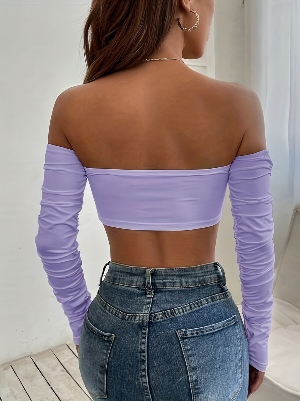 T-shirt froncé à épaules dénudées, t-shirt court sexy à manches longues avec cordon de serrage, vêtements pour femmes