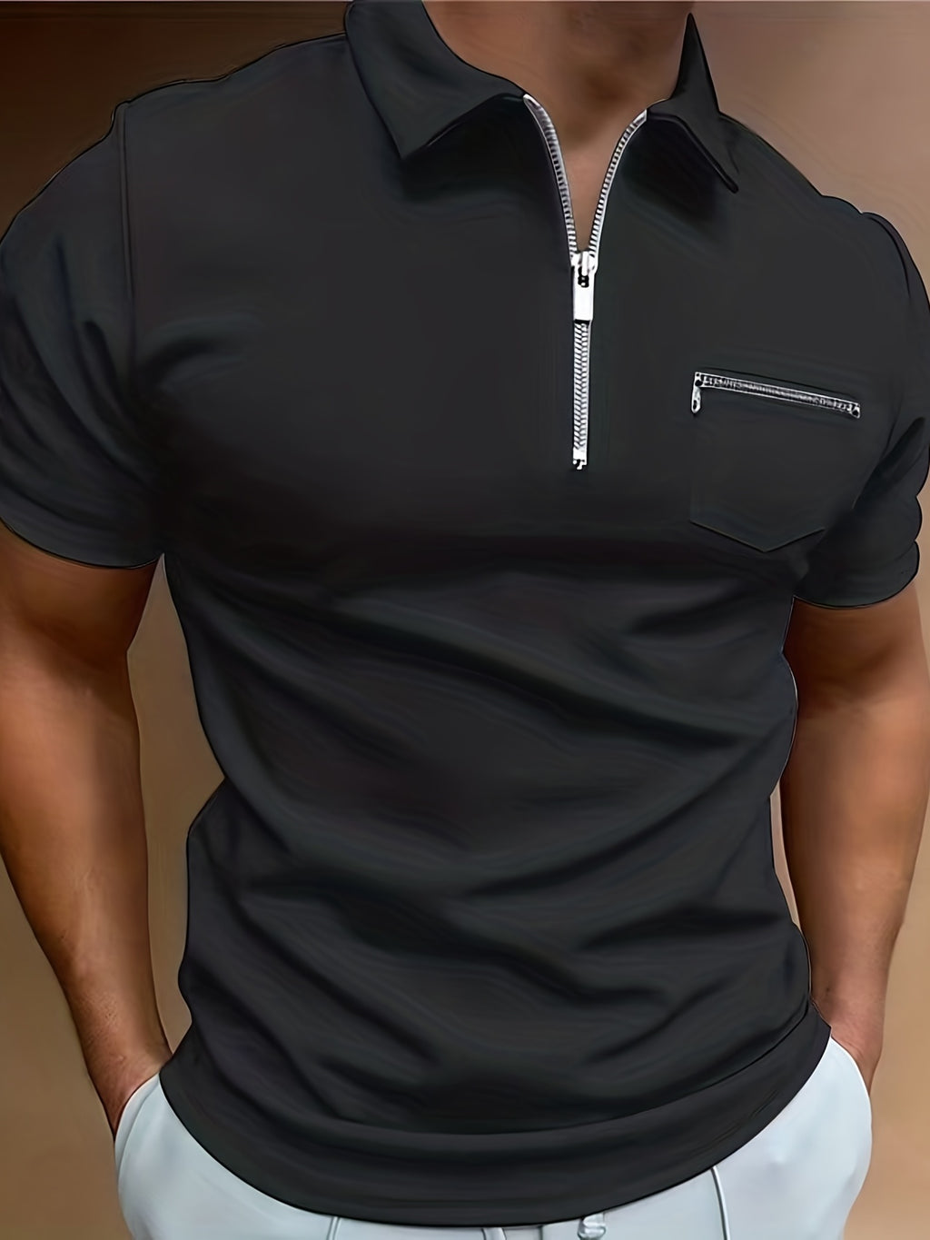 Polo de golf respirant, coupe standard, avec poche zippée sur la poitrine, col en V, manches courtes, pour l'été, vêtements pour hommes