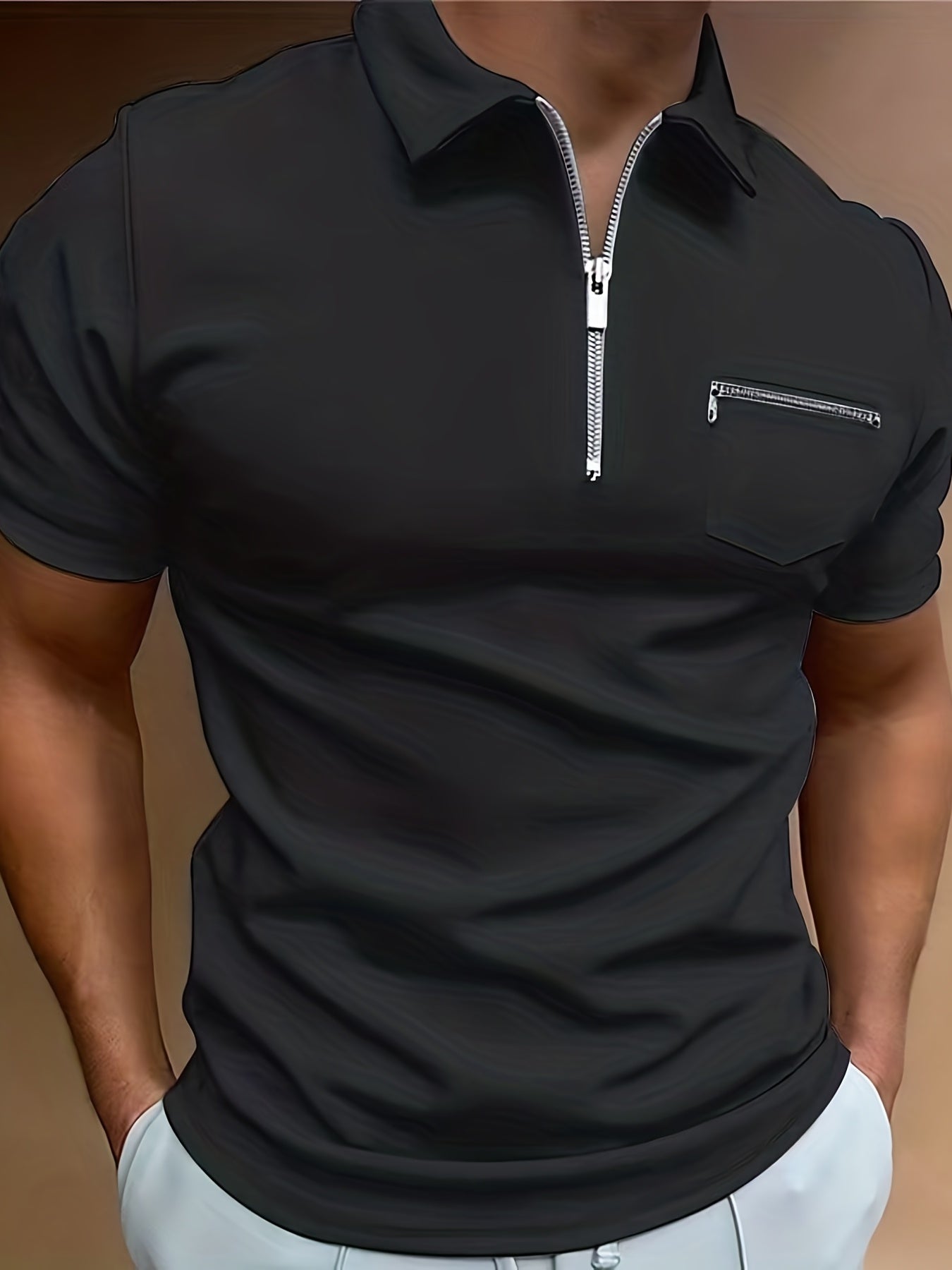 Polo de golf respirant, coupe standard, avec poche zippée sur la poitrine, col en V, manches courtes, pour l'été, vêtements pour hommes