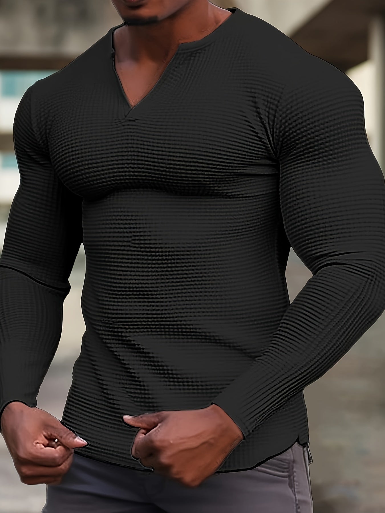 T-shirt gaufré à manches longues et col en V pour homme, confortable et décontracté, idéal pour le printemps, l'été et l'automne.