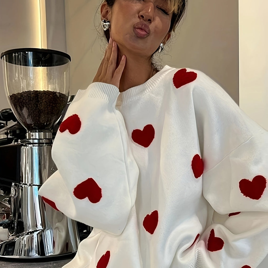 Pull à motif cœur pour la Saint-Valentin, pull décontracté à manches longues et épaules tombantes, vêtements pour femmes