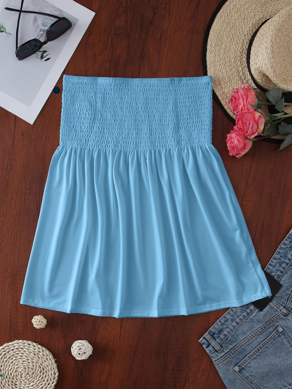 Haut tube à volants froncés, haut bandeau sans bretelles décontracté pour l'été, vêtements pour femmes, mariage, vacances