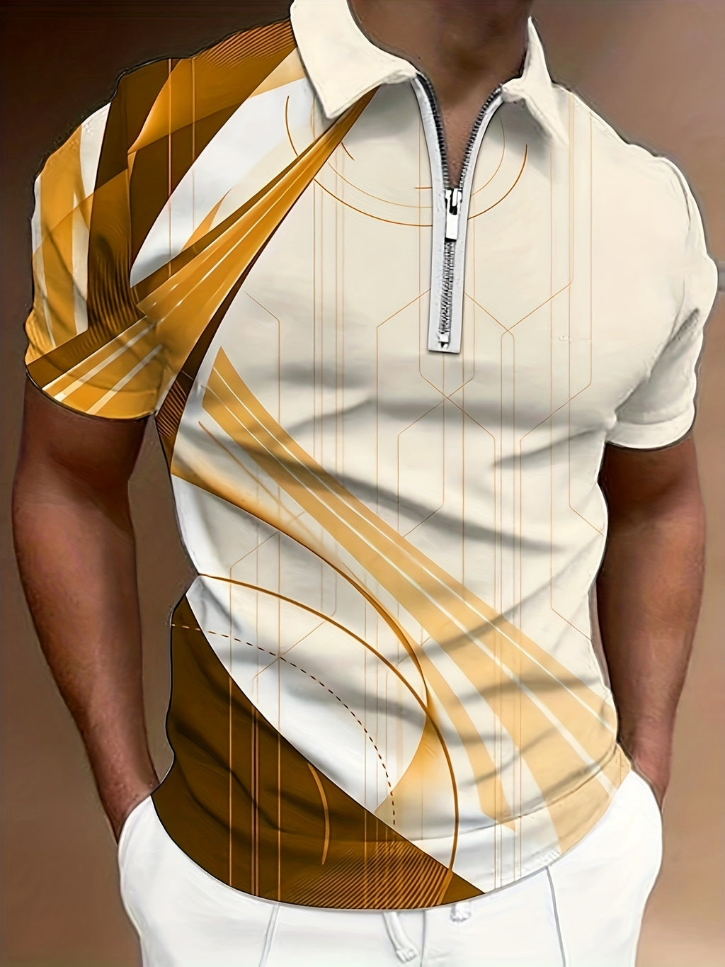 Chemise à manches courtes pour homme, motif géométrique, fermeture éclair, décontractée, confortable et polyvalente, chemise de golf, chemise de tennis, vêtements pour homme