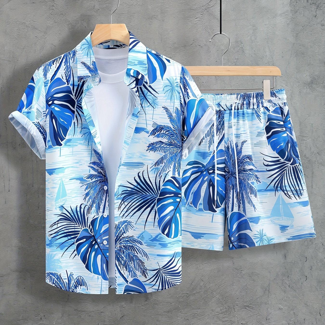 Ensemble chemise et short à manches courtes pour homme, imprimé tropical, en polyester léger, tenue de plage décontractée avec motif palmiers et ciel bleu, style hawaïen | Chemise à imprimé tropical | Short en polyester