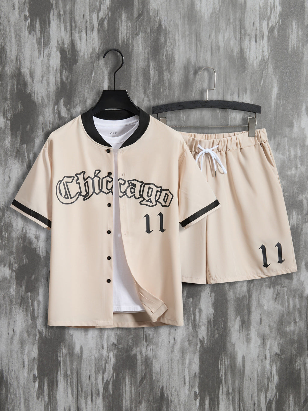 Ensemble 2 pièces tendance pour homme, imprimé lettres, maillot de baseball décontracté à manches courtes et short à cordon pour l'été, vêtements pour homme, entraînement de vacances