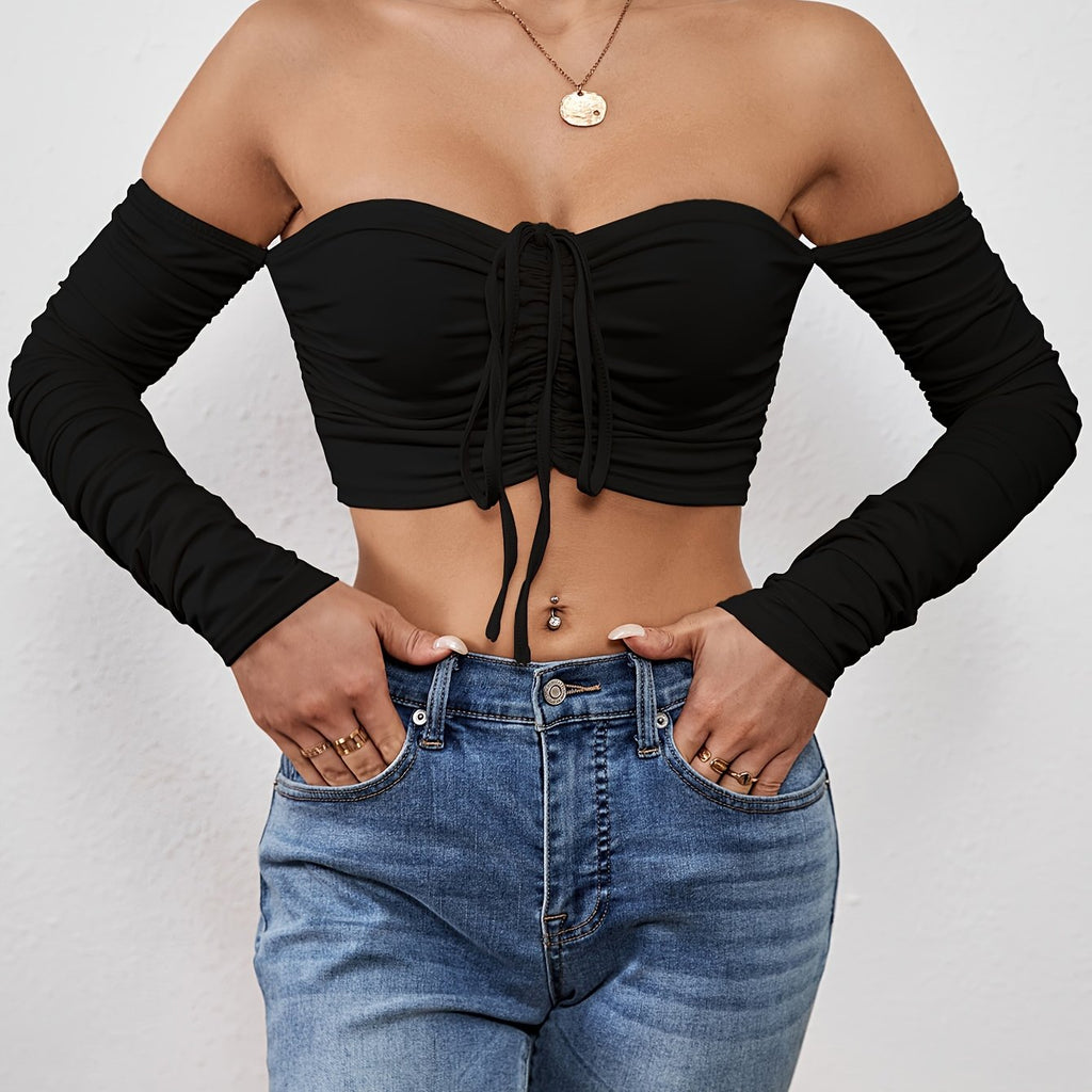 T-shirt froncé à épaules dénudées, t-shirt court sexy à manches longues avec cordon de serrage, vêtements pour femmes