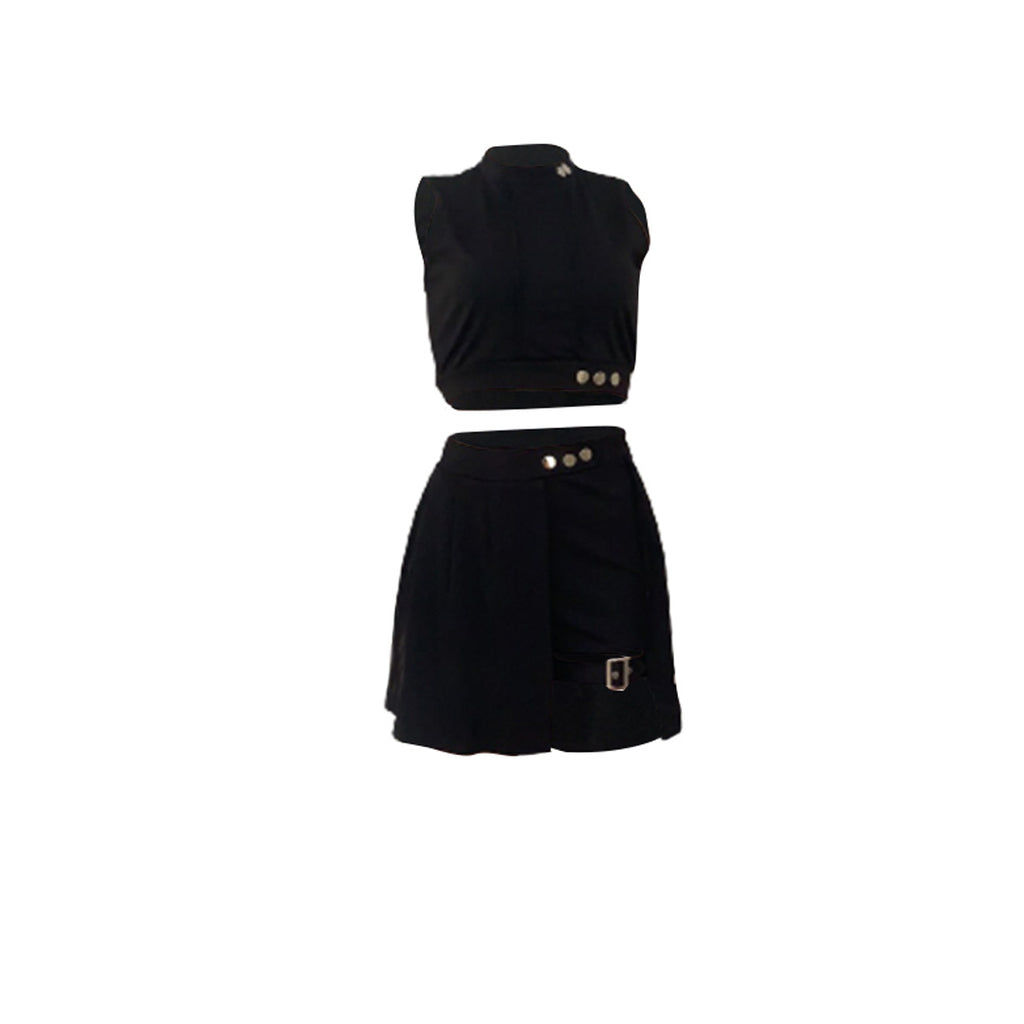Ensemble deux pièces sexy à boutons, débardeur court à col montant et jupe taille haute, vêtements pour femmes
