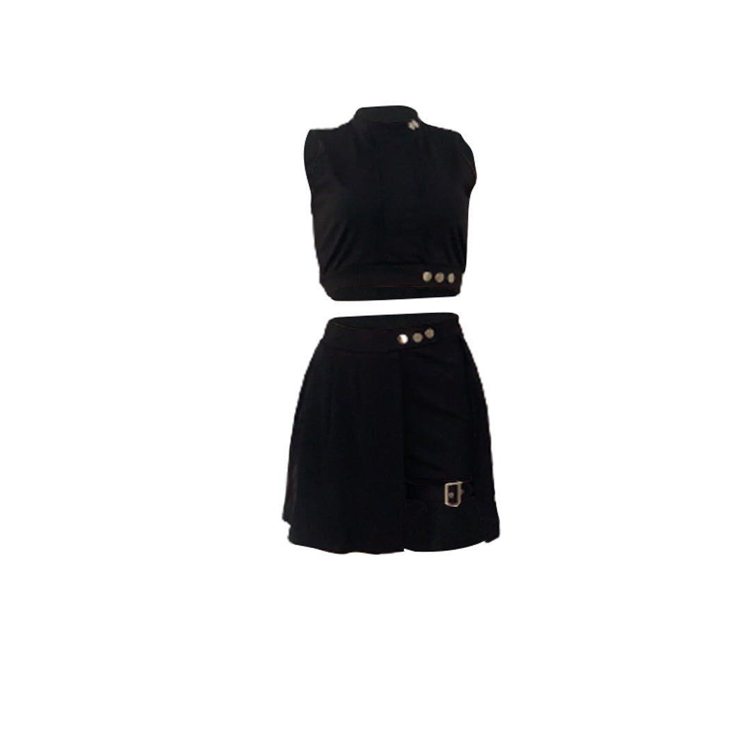 Ensemble deux pièces sexy à boutons, débardeur court à col montant et jupe taille haute, vêtements pour femmes