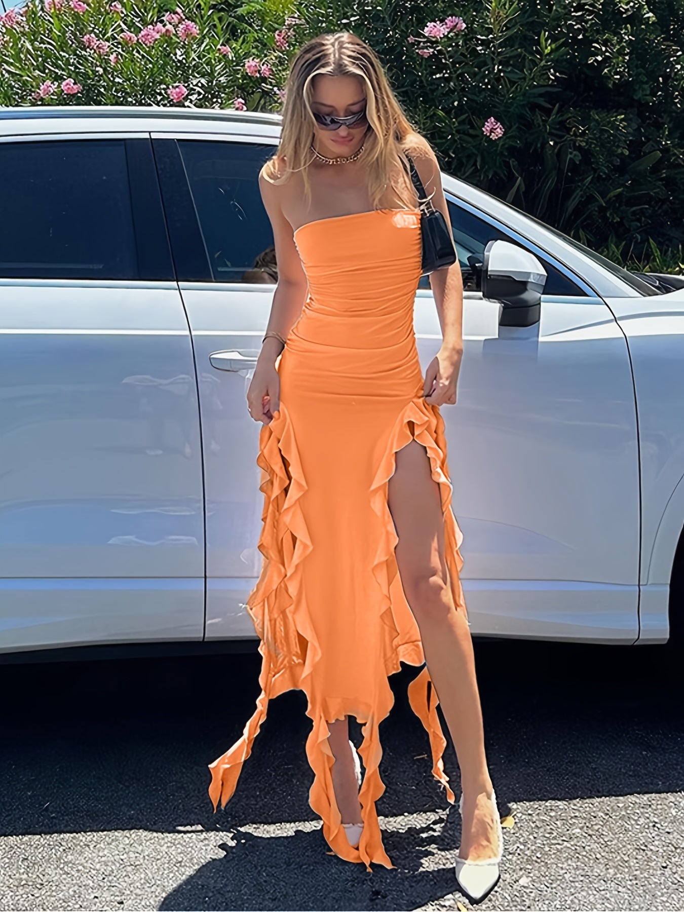 Robe bustier unie élégante à volants et ourlet asymétrique, vêtements pour femme