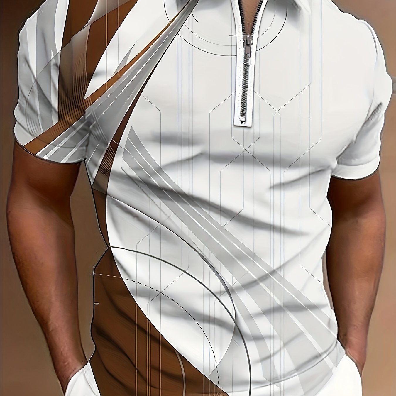 Chemise à manches courtes pour homme, motif géométrique, fermeture éclair, décontractée, confortable et polyvalente, chemise de golf, chemise de tennis, vêtements pour homme