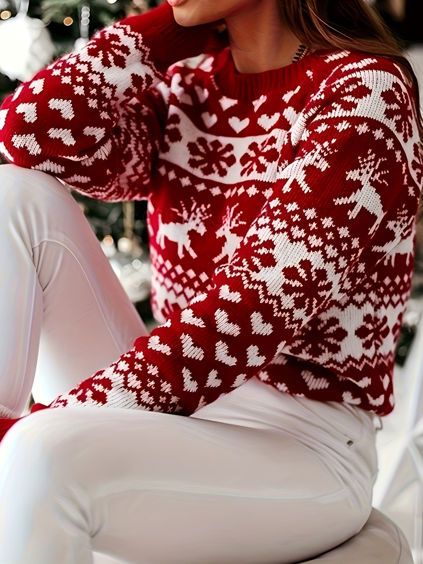 Pull de Noël en jacquard à col ras du cou, pull décontracté à manches longues, ample, en tricot, pour l'automne et l'hiver, vêtements pour femmes