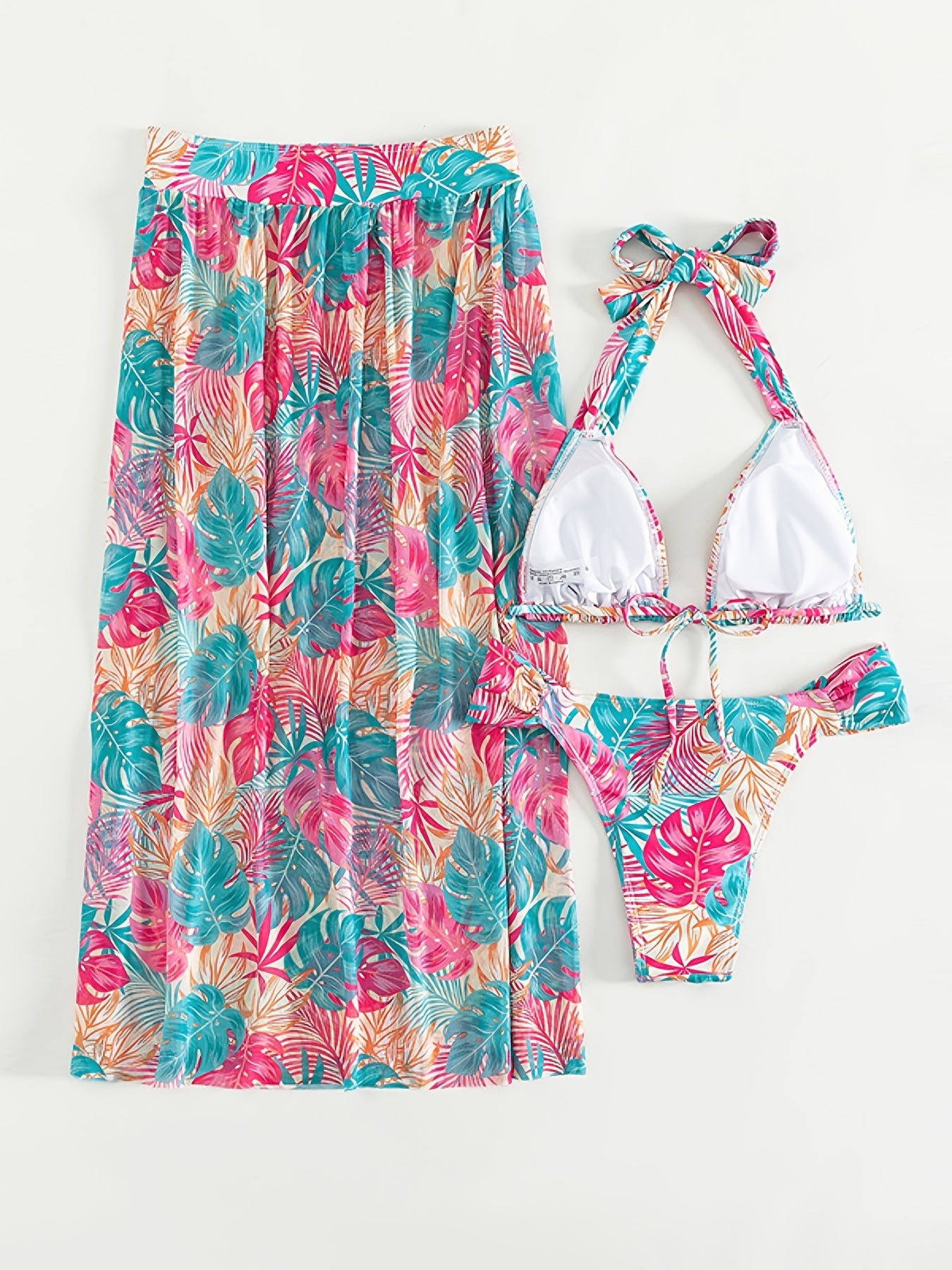 Ensemble bikini 3 pièces imprimé feuilles, très extensible, jupe cache-maillot, maillot de bain triangle dos nu élégant, vêtements et maillots de bain pour femme