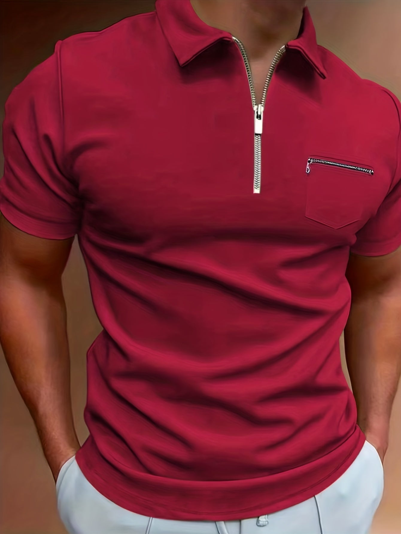 Polo de golf respirant, coupe standard, avec poche zippée sur la poitrine, col en V, manches courtes, pour l'été, vêtements pour hommes