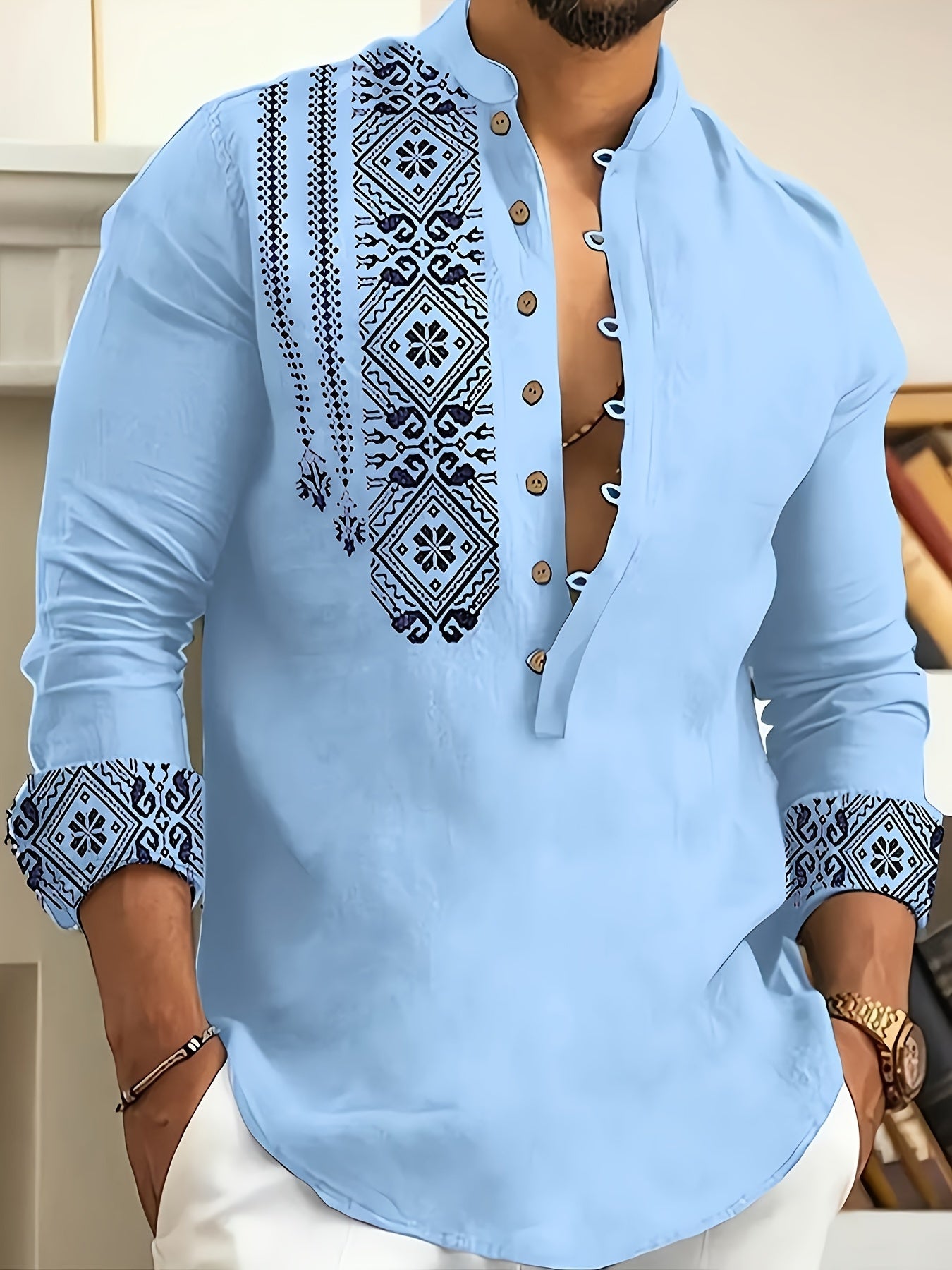 Chemises Henley à manches longues pour hommes, style ethnique, tendance, motifs géométriques, confortables, respirantes, décontractées et légèrement extensibles. Vêtements pour hommes