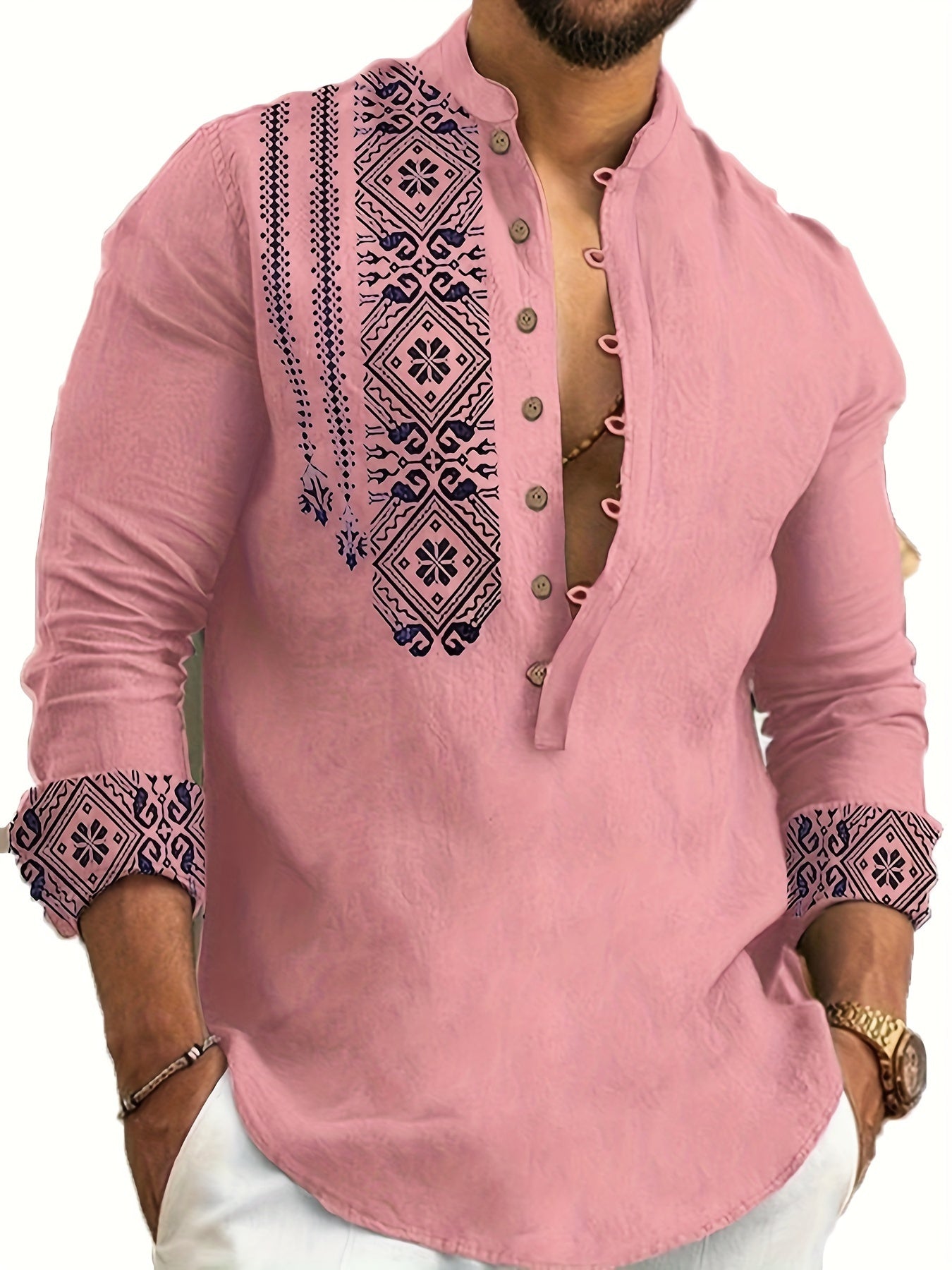 Chemises Henley à manches longues pour hommes, style ethnique, tendance, motifs géométriques, confortables, respirantes, décontractées et légèrement extensibles. Vêtements pour hommes