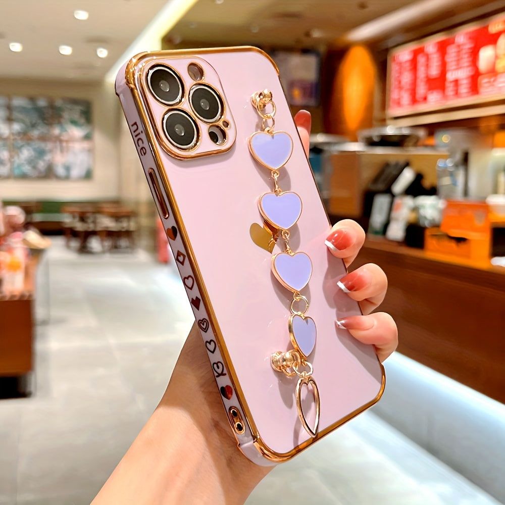 Étui de protection complet en TPU pour iPhone 15/14/13/12/11 Pro Max avec bracelet en forme de cœur et dragonne - Élégant et durable