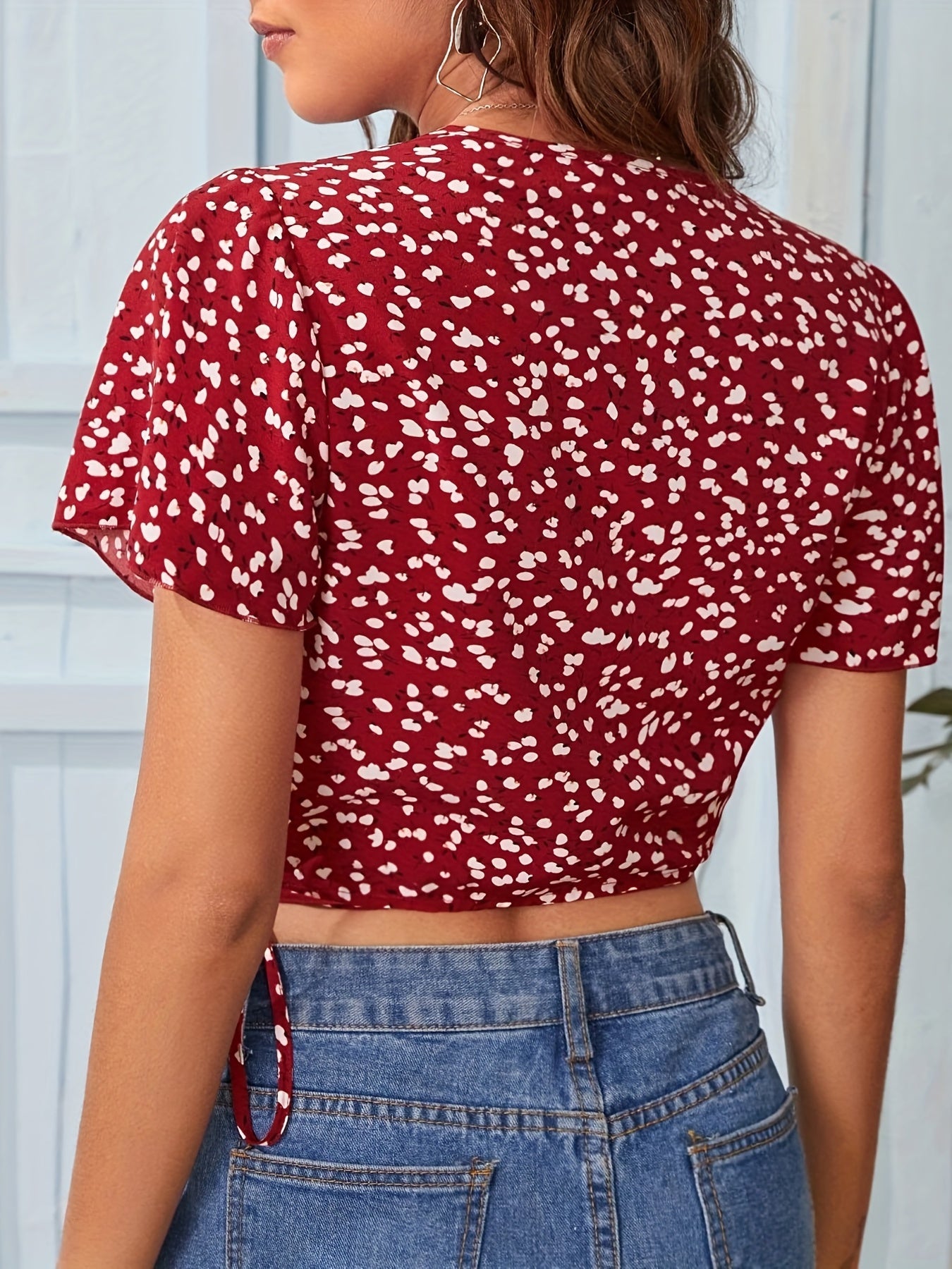 Chemisier court à imprimé fleuri, style bohème, col V, manches flottantes, cordon de serrage, vêtements pour femmes