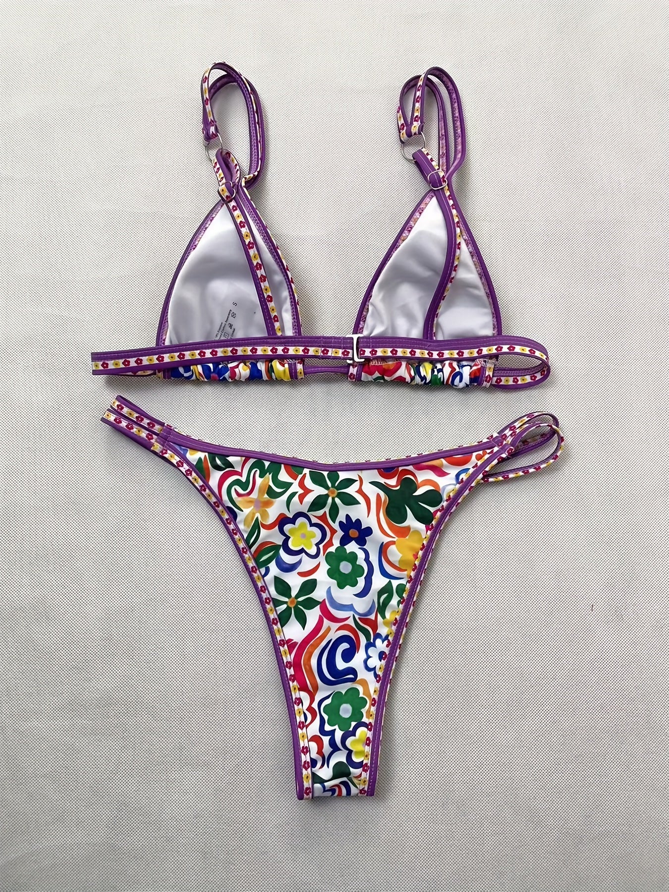 Ensemble bikini 2 pièces à imprimé floral, maillot de bain triangle contrasté extensible à bretelles, vêtements et maillots de bain pour femme