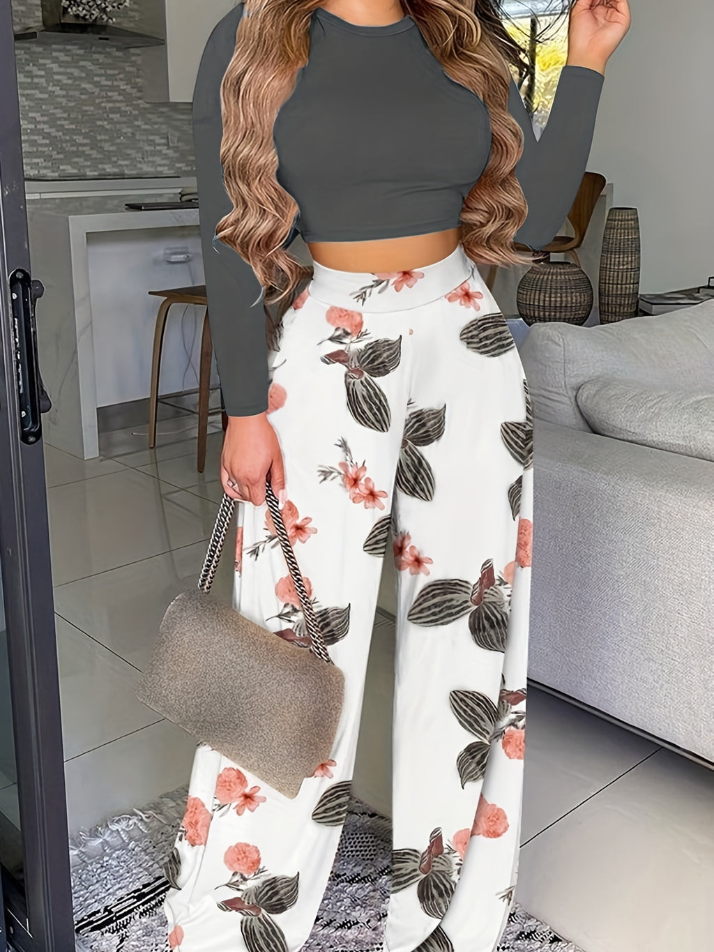 Ensemble deux pièces décontracté printemps-automne, haut uni à manches longues et pantalon large à imprimé floral, vêtements pour femmes