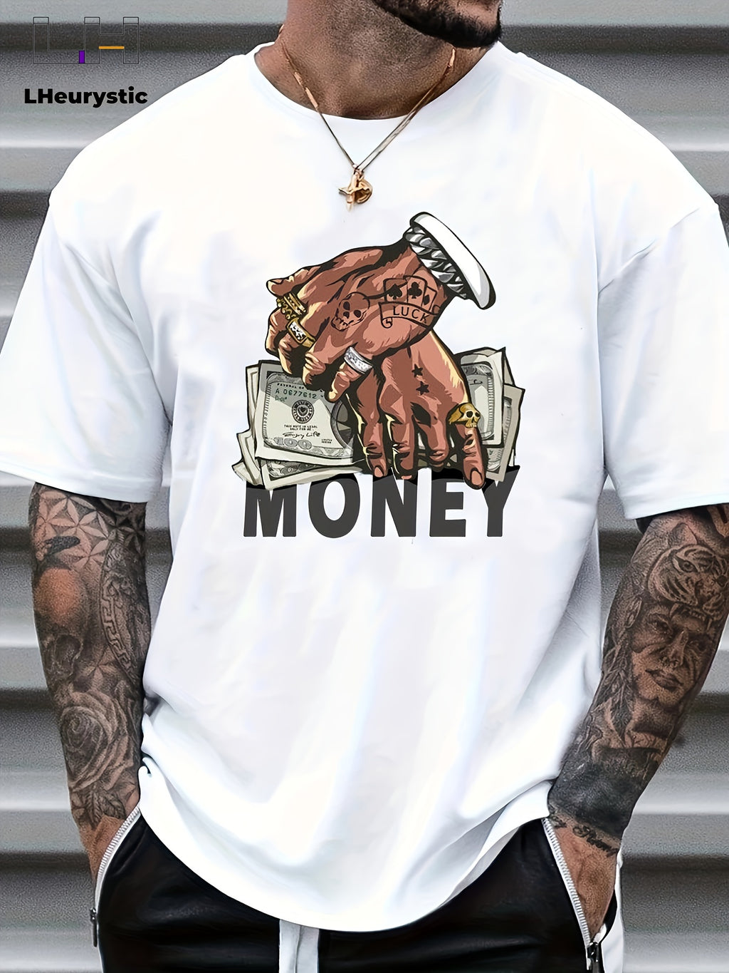 T-shirt col rond pour homme, imprimé dessin animé, motif argent et mains, style niche, décontracté et confortable, idéal pour l'été, idéal pour les vacances au quotidien.