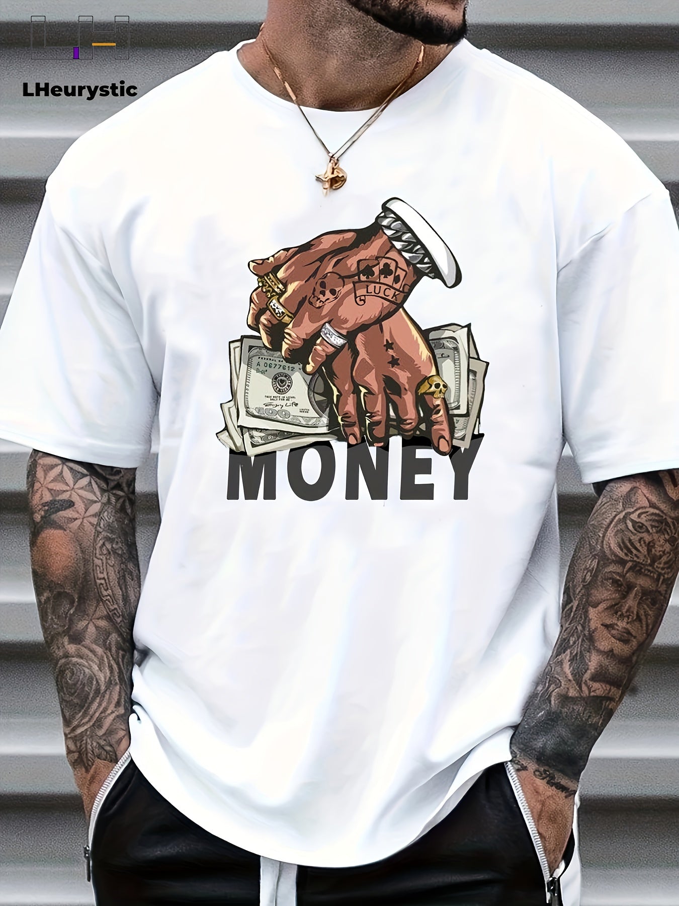 T-shirt col rond pour homme, imprimé dessin animé, motif argent et mains, style niche, décontracté et confortable, idéal pour l'été, idéal pour les vacances au quotidien.