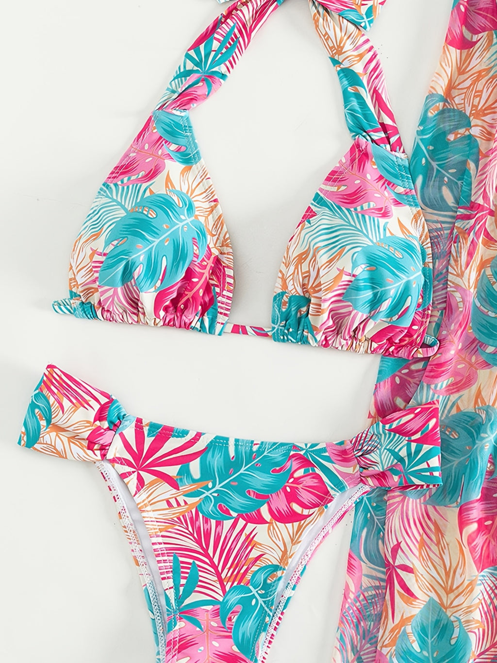 Ensemble bikini 3 pièces imprimé feuilles, très extensible, jupe cache-maillot, maillot de bain triangle dos nu élégant, vêtements et maillots de bain pour femme
