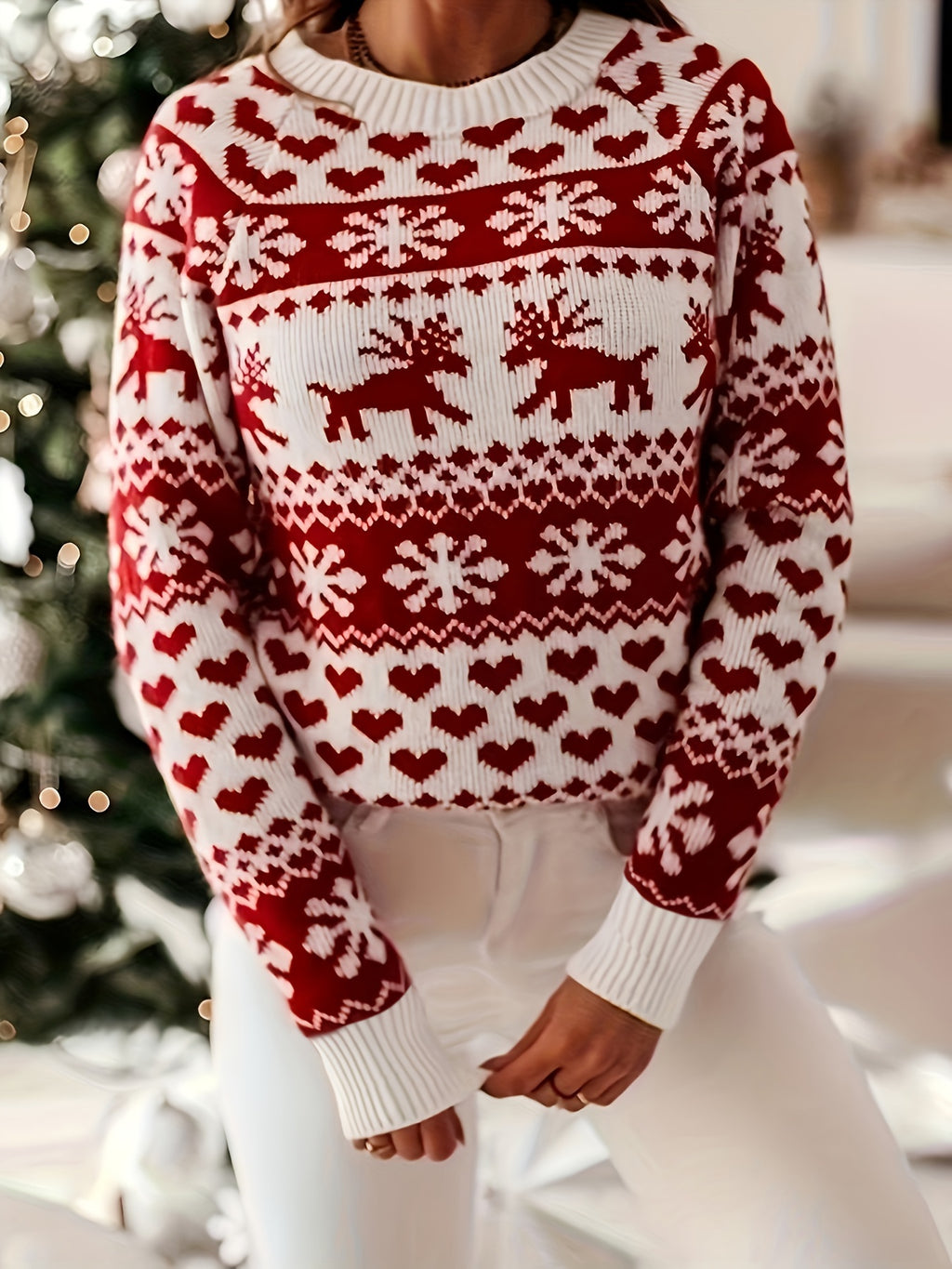 Pull de Noël en jacquard à col ras du cou, pull décontracté à manches longues, ample, en tricot, pour l'automne et l'hiver, vêtements pour femmes