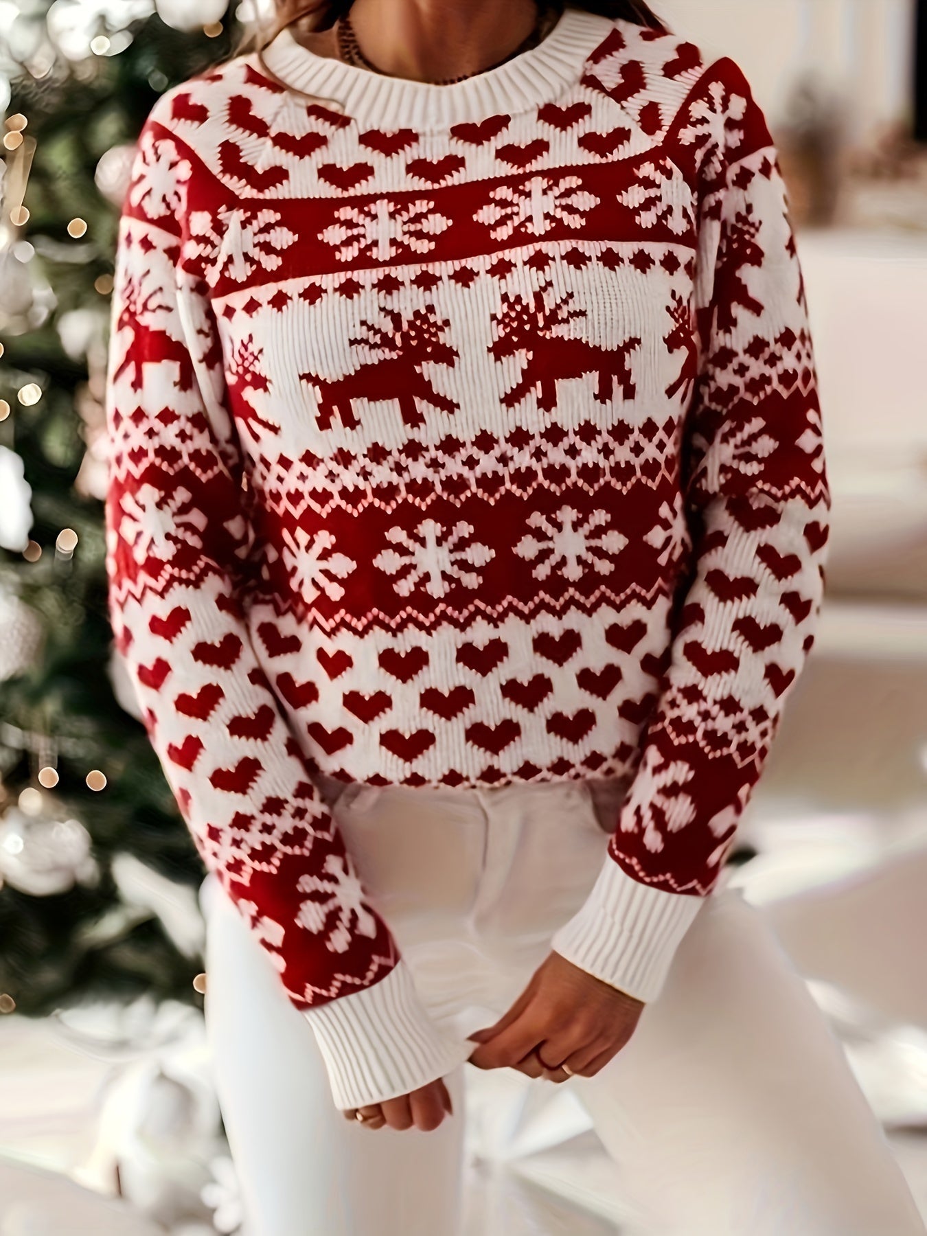 Pull de Noël en jacquard à col ras du cou, pull décontracté à manches longues, ample, en tricot, pour l'automne et l'hiver, vêtements pour femmes