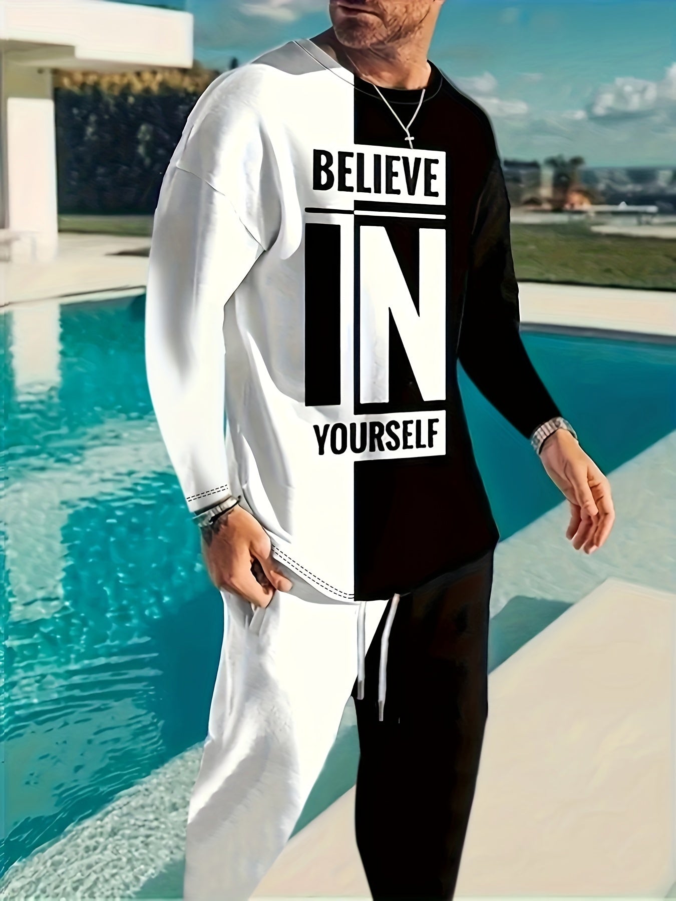 Ensemble 2 pièces pour homme, t-shirt ras du cou à manches longues et sweat-shirt à cordon de serrage, style jogging, pour l'hiver et l'automne. Vêtements pour homme