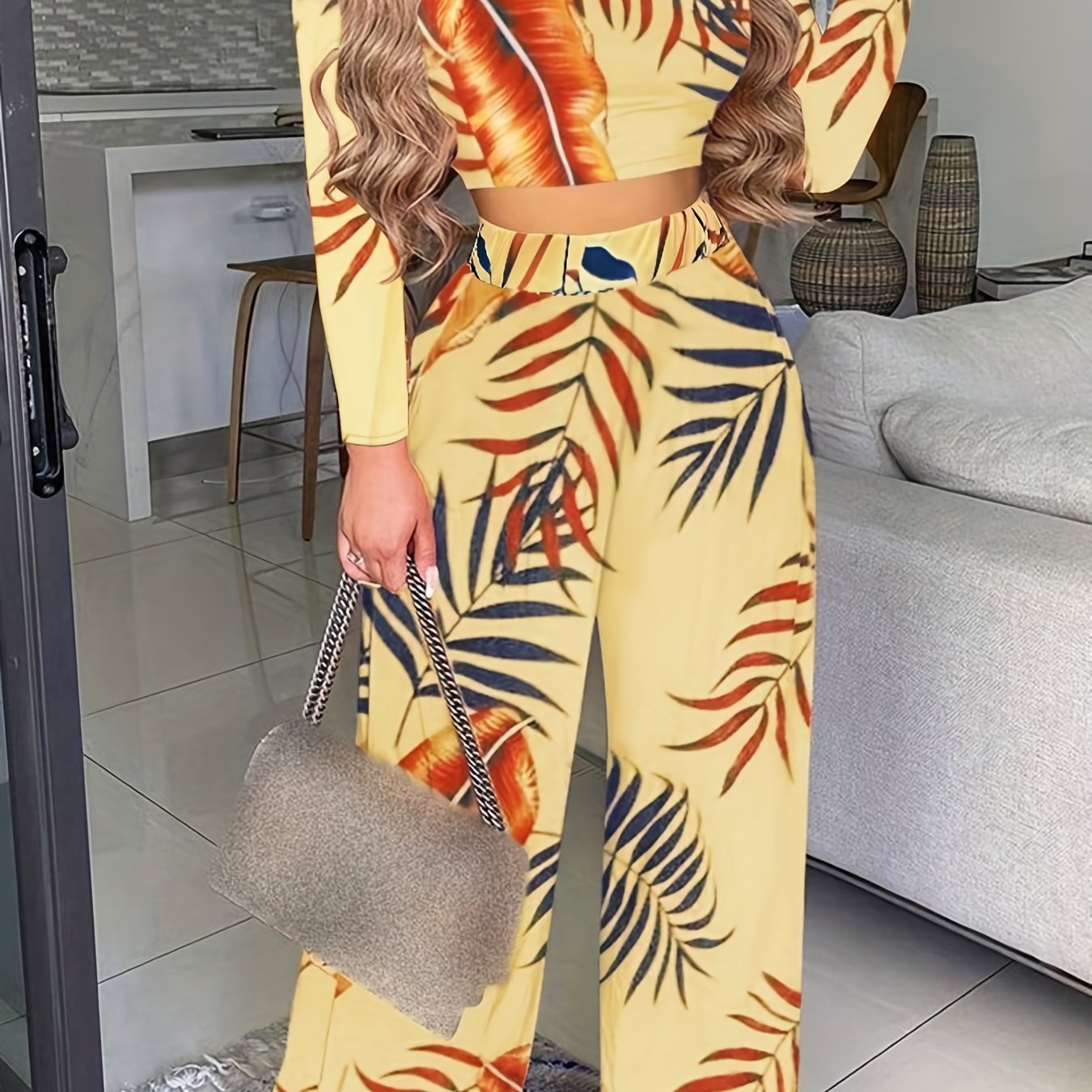 Ensemble deux pièces décontracté printemps-automne, haut uni à manches longues et pantalon large à imprimé floral, vêtements pour femmes