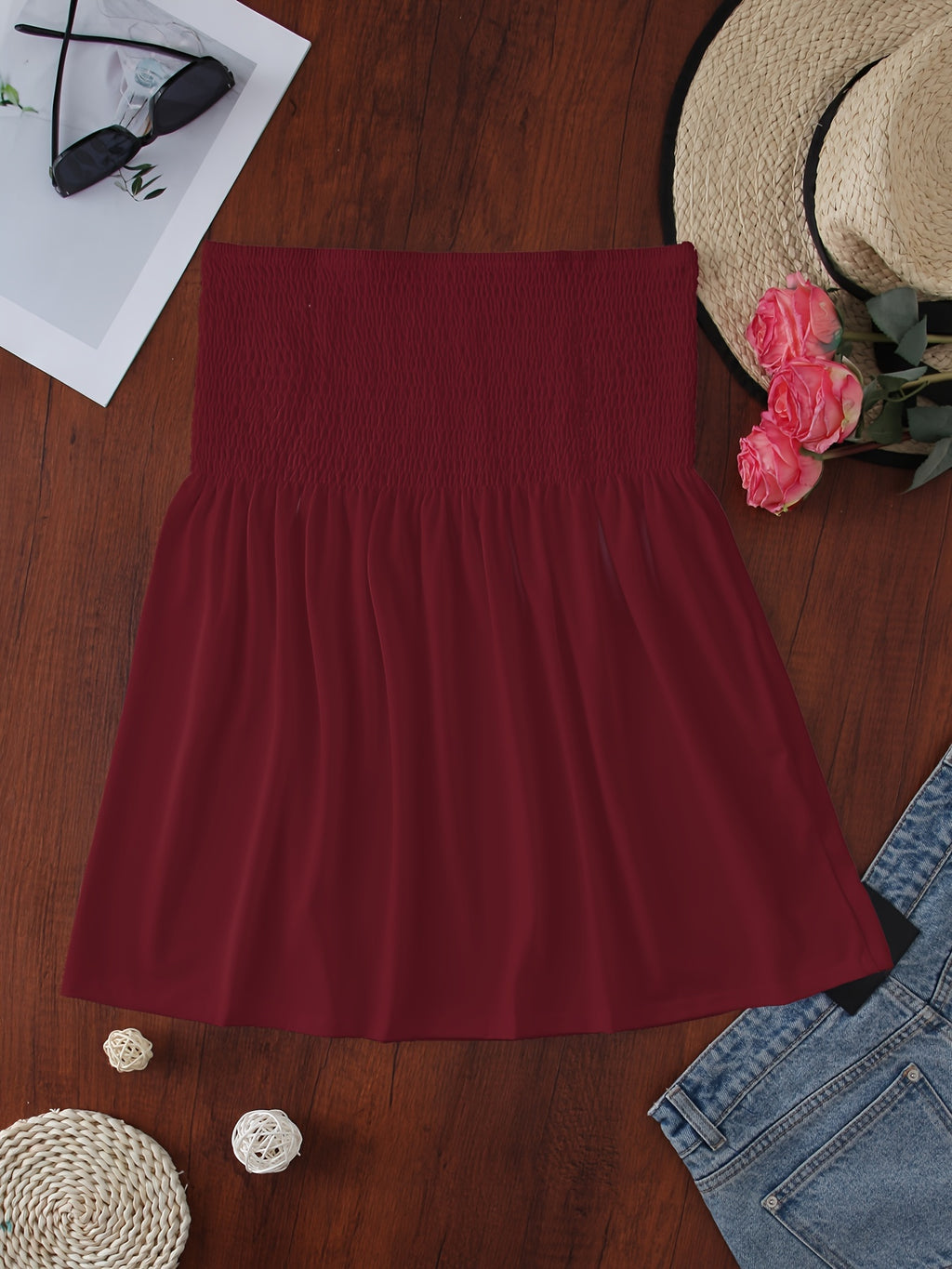 Haut tube à volants froncés, haut bandeau sans bretelles décontracté pour l'été, vêtements pour femmes, mariage, vacances