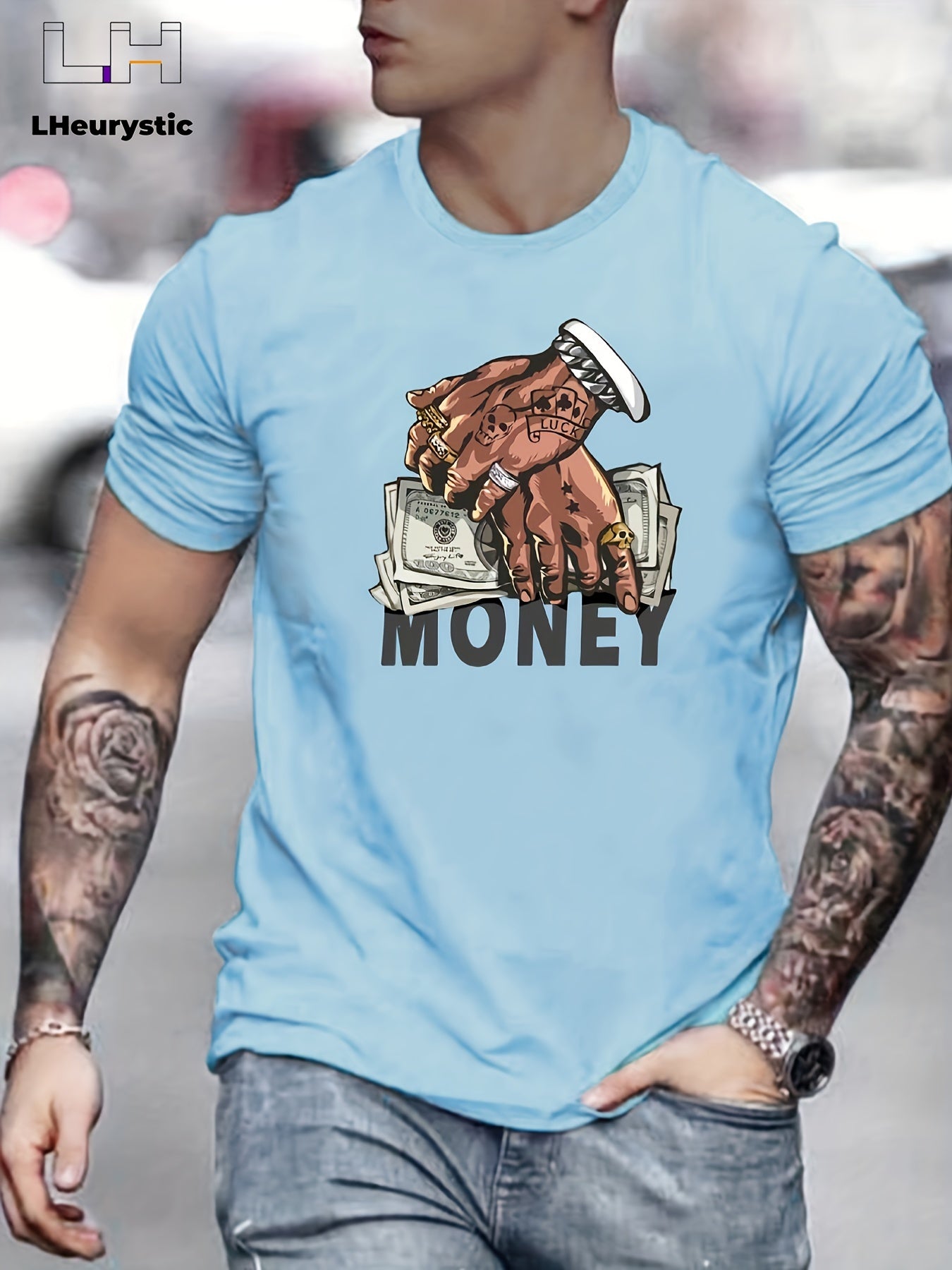 T-shirt col rond pour homme, imprimé dessin animé, motif argent et mains, style niche, décontracté et confortable, idéal pour l'été, idéal pour les vacances au quotidien.