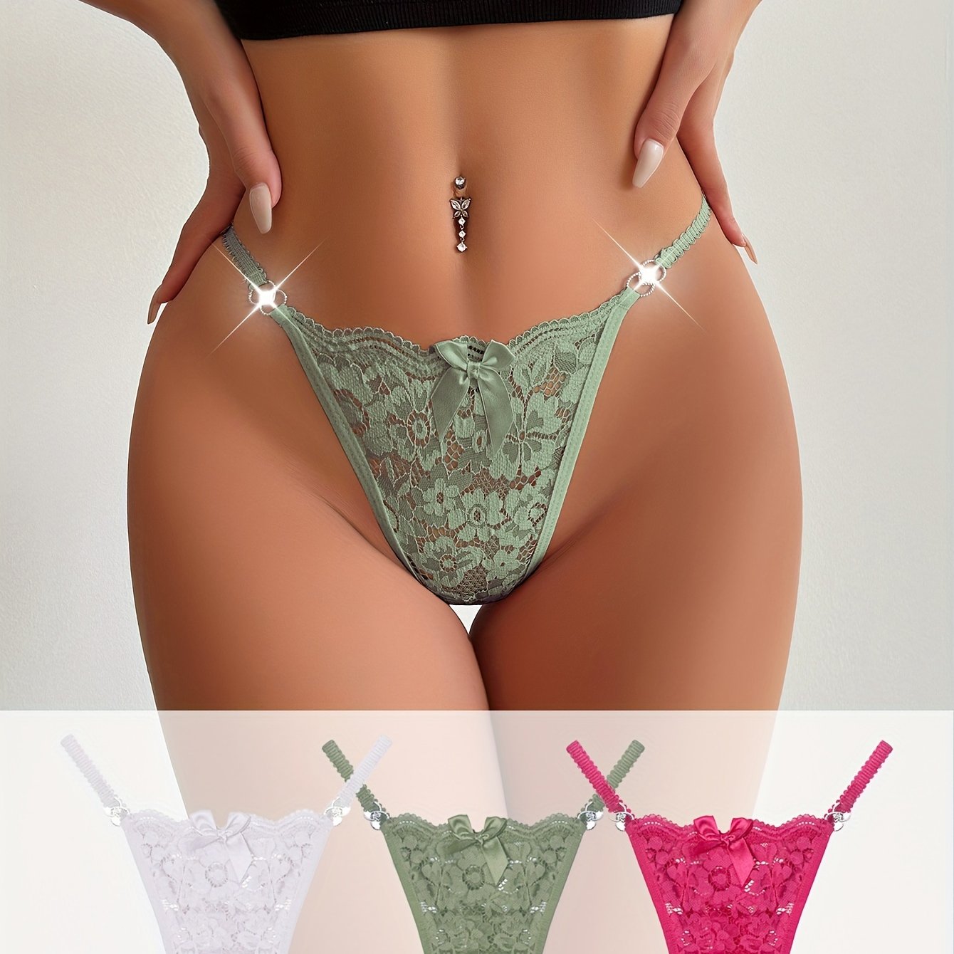 Lot de 3 strings en dentelle florale avec nœud, culottes semi-transparentes à anneaux, lingerie et sous-vêtements pour femmes