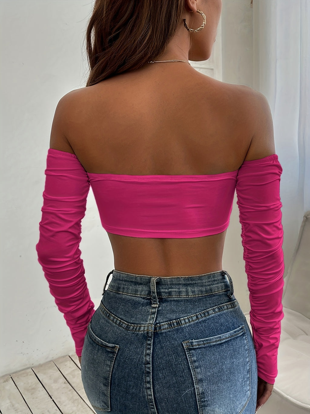 T-shirt froncé à épaules dénudées, t-shirt court sexy à manches longues avec cordon de serrage, vêtements pour femmes