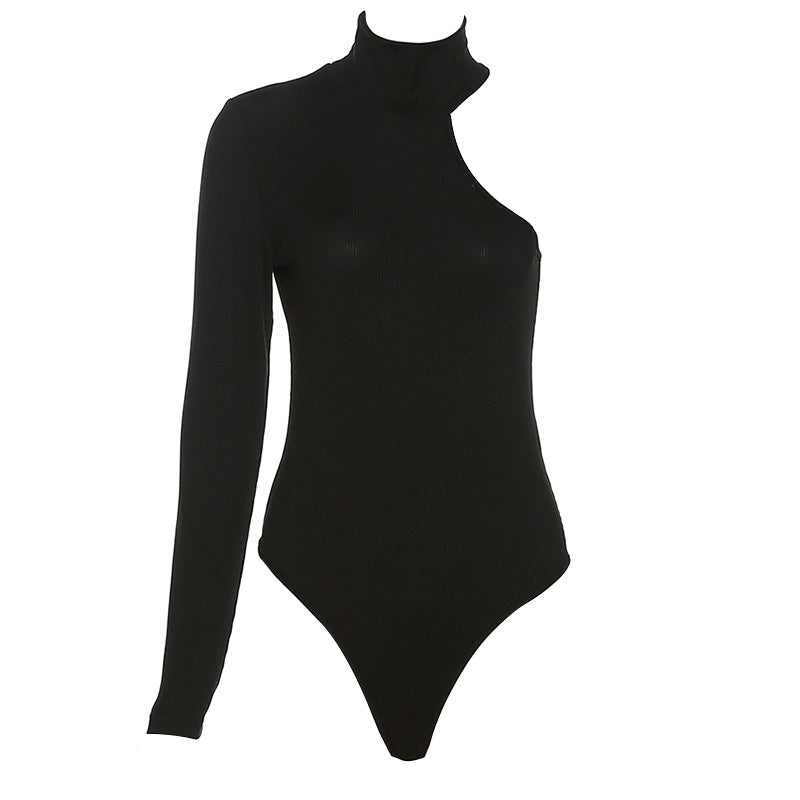 Body asymétrique uni à manches longues en tricot côtelé, asymétrique ...