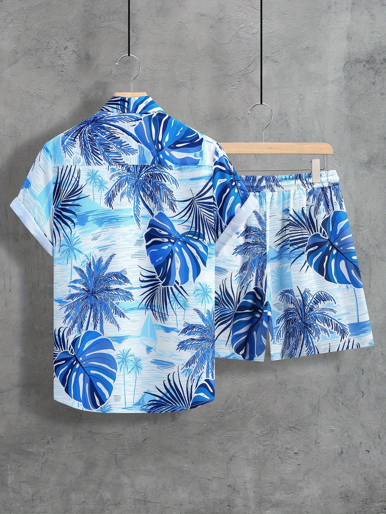 Ensemble chemise et short à manches courtes pour homme, imprimé tropical, en polyester léger, tenue de plage décontractée avec motif palmiers et ciel bleu, style hawaïen | Chemise à imprimé tropical | Short en polyester