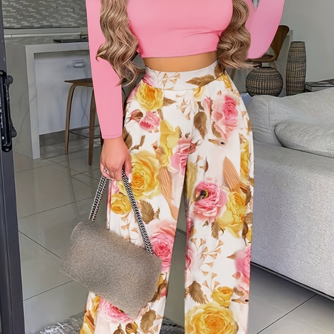 Ensemble deux pièces décontracté printemps-automne, haut uni à manches longues et pantalon large à imprimé floral, vêtements pour femmes