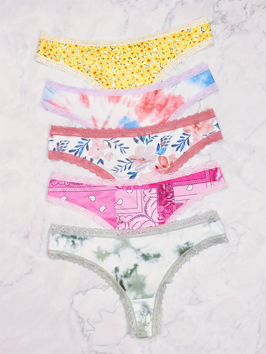 String Morvia 5 pièces en dentelle avec cœur - Ensemble de lingerie chic en maille pour femme, non transparent