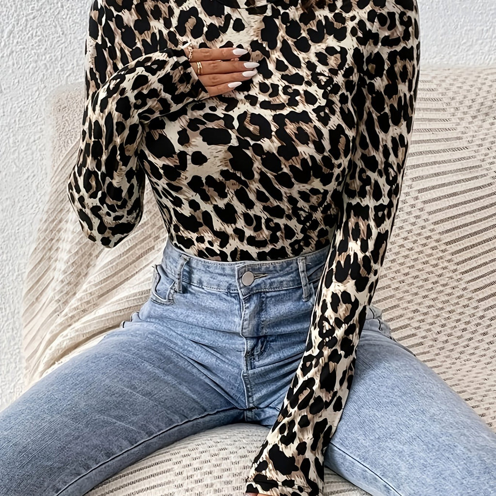 Body à col montant imprimé léopard, body slim décontracté à manches longues, vêtements pour femmes